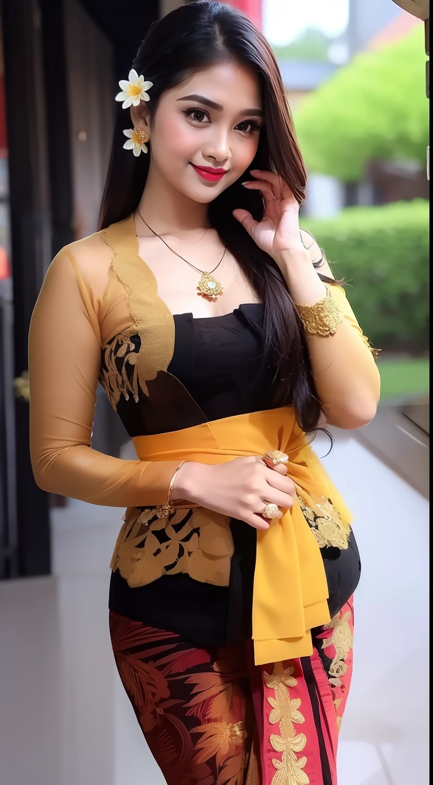 photography, woman,  portrait of woman wearing kebaya_bali in black long kebaya dress traditional, red lipstick, golden necklace, earrings, ornate, detail, flowers, blurry background, soft focus