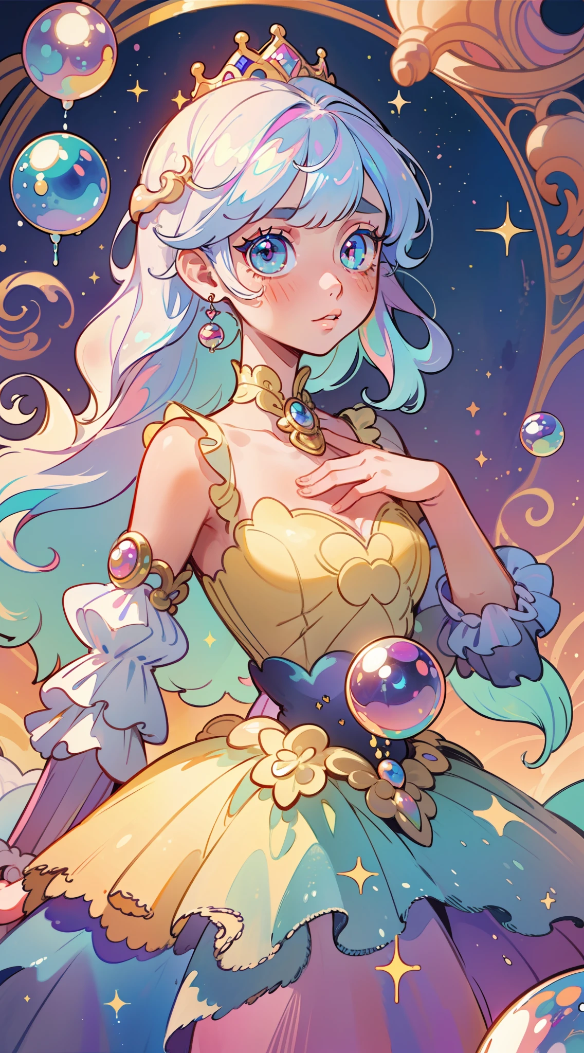 masterpiece, best quality, 8k resolution, sharp focus, intricate detail, beautiful girl, sparkling eyes, golden ratio face, otherworldly liquid, watercolor, pastel colors, bright colors, whimsical, colorful, sharp focus, high resolution, fine detail, princess layered ballgown, ((round eyes)), iridescent bubbles, magical