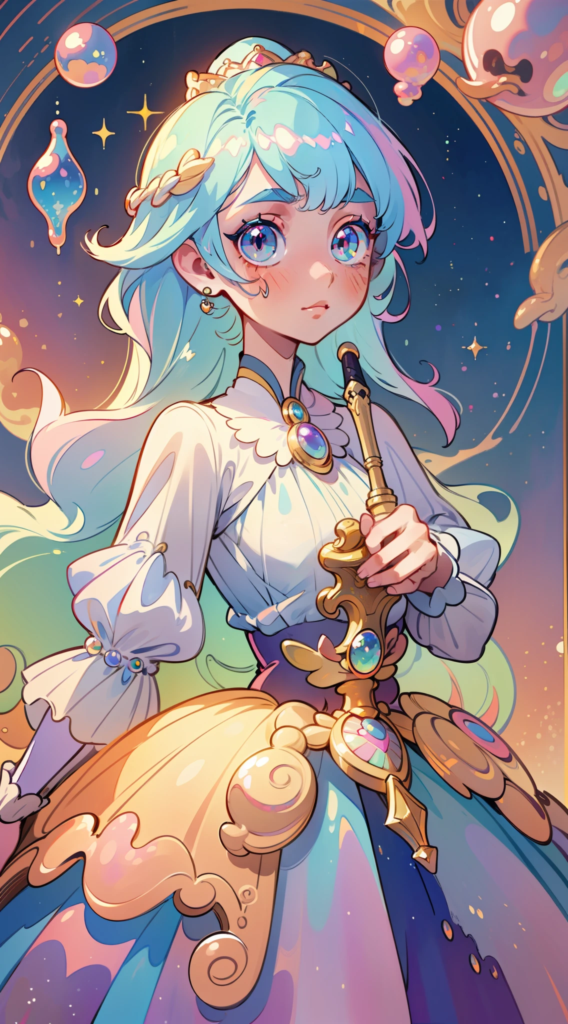 masterpiece, best quality, 8k resolution, sharp focus, intricate detail, beautiful girl, sparkling eyes, golden ratio face, otherworldly liquid, watercolor, pastel colors, bright colors, whimsical, colorful, sharp focus, high resolution, fine detail, princess layered ballgown, ((round eyes)), iridescent bubbles, magical