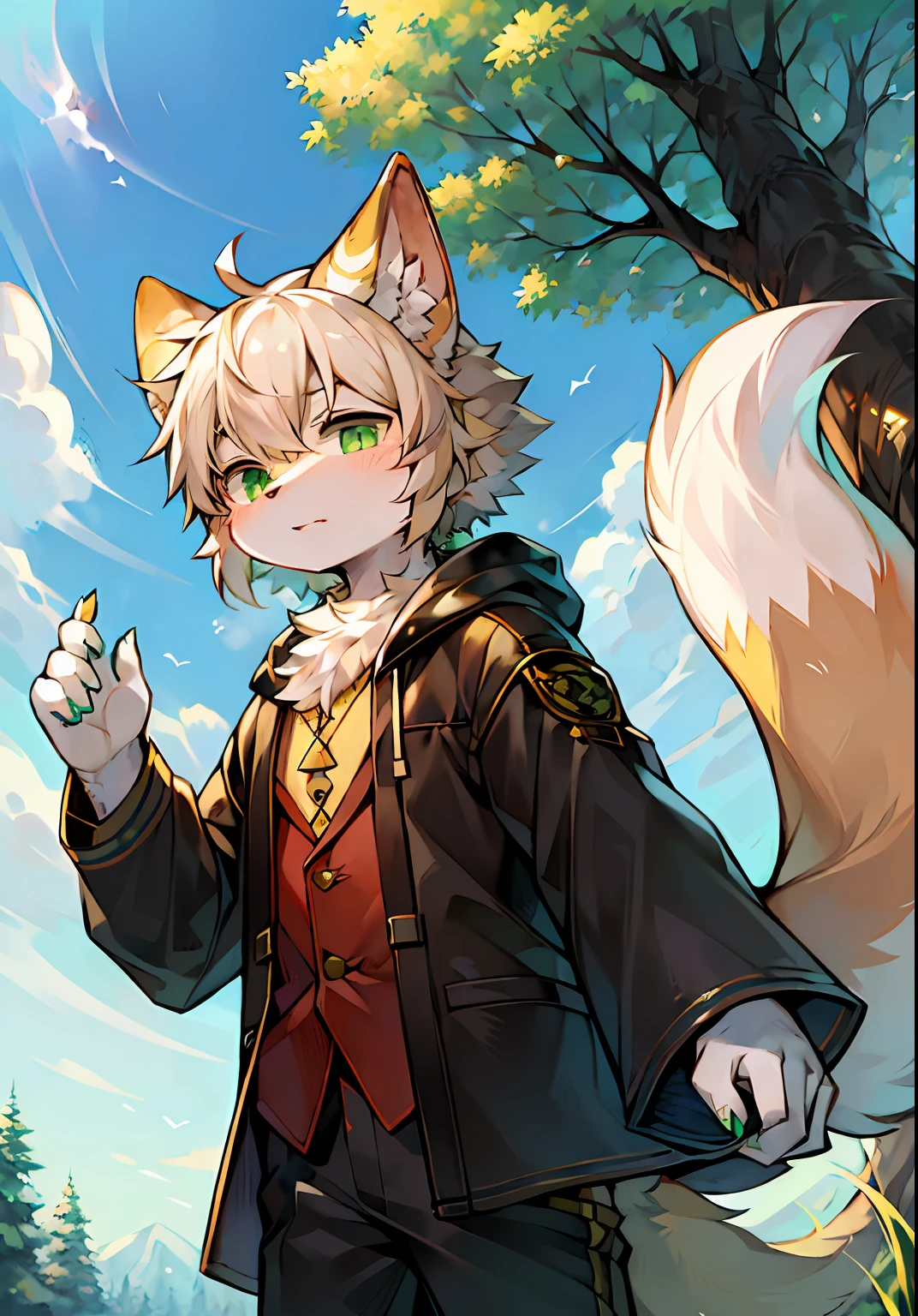 Masterpiece,High quality,abstract res,Digital painting\(artwork of a\), author:BrukkiGunar, Yupa,Kiyosan,(anthro,Fluffy fur,Character focus:1.1),anthro male cat,Portrait , eyes with brightness, in a panoramic view, Character focus.(detailedbackground:0.7), 独奏, shaggy, shaggy male, ,malefocus, Robust,Strong anthrax(Full Body Furry, It has a fluffy tail,With a green pattern, White fur, Dark green eyes), (Long felines、moth、White feathers、Dark green ears、Beige tail、Light green smoky pattern、Beige hair、seminude、Manteau:1.2),(External、In the daytime、Dense grass、Low tree、clear skies、grassy fields)