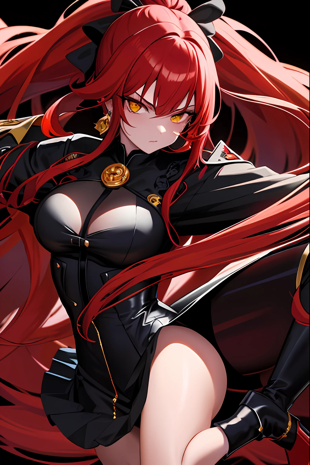 masterpiece, best quality, 1girl, long hair, big bust, very long red hair, yellow eyes, two low ponytails , black dress, jewels, ruby earrings, good anatomy, red gloves, boots, heels, evil, emotionless, intimidant, bloody, detailed eyes, dark background, close up, ((detailed eyes)), beautiful eyes, hair bang, frontal look