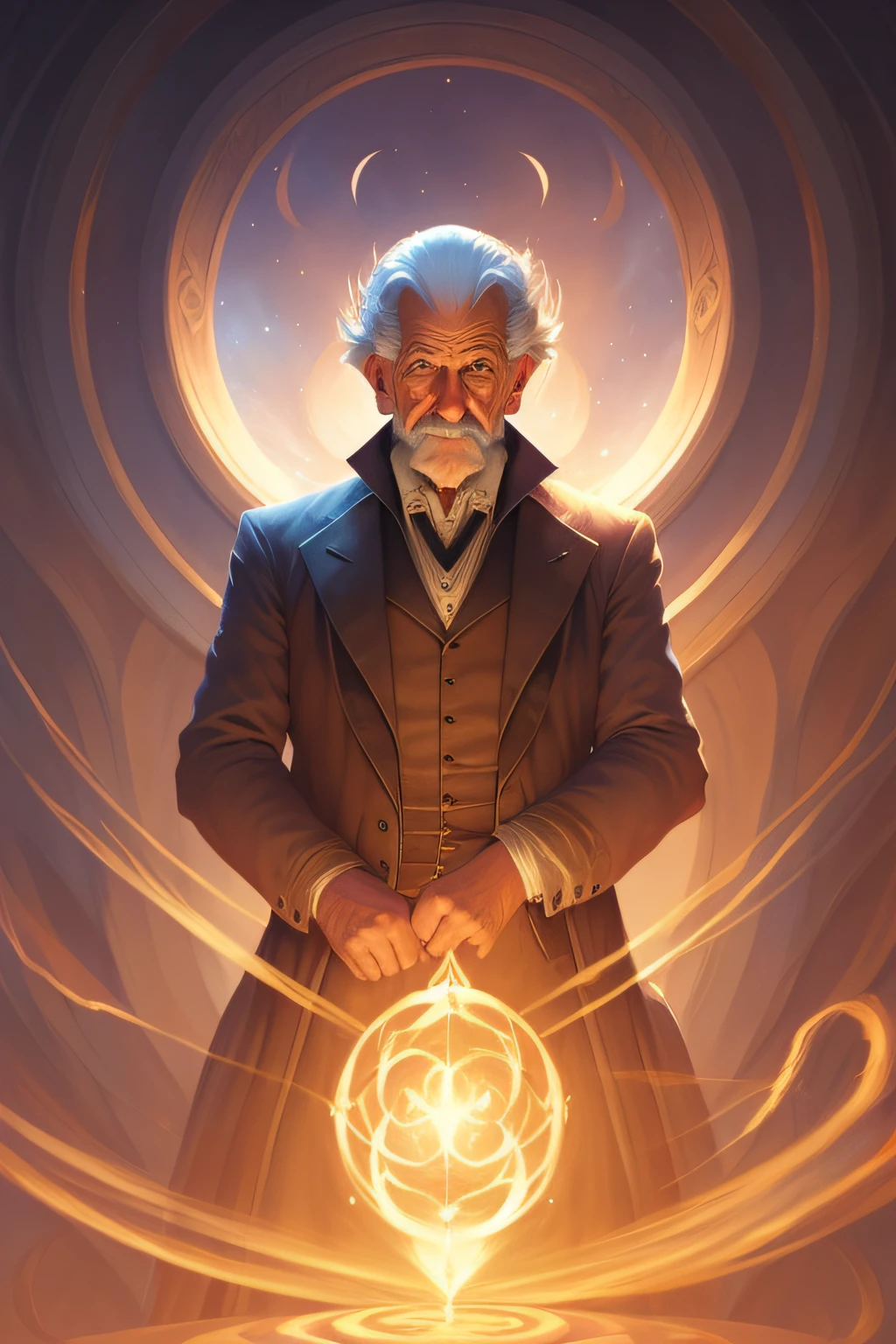 Portrait of a wise and wrinkled old magician, emanating confidence and mystery, With magnificent art in the style of Artgerm, Jordan Grimmer e Greg Rutkowski. Inspired by the talented Sophie Anderson and her trend in artstation.