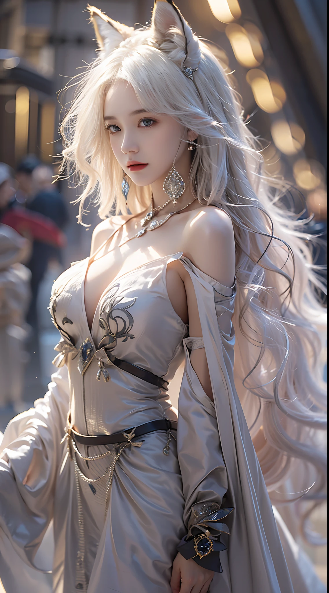  beautiful and cute crystal girl, Detailed Evil Eye, (incredibily detailed, long  white hair，9 fox tails，Cinematic ultra-wide angle, Depth of failure, ultra - detailed, insanely details, Ultra photo realsisim, high resolution, Cinematic lighting, Soft lighting, Incredible quality, Realistic skin,Solo,Beautiful face,Large breasts,((Sheer dress)),low legs,(off the shoulder dress),(One shoulder strap comes off),wavy and long hair, Cowboy shot, Smooth shoulders,Slim waist,dynamic shot,Hair and scenery,The eye,yuyao,(Julia,Fox,(Fox ears:1))