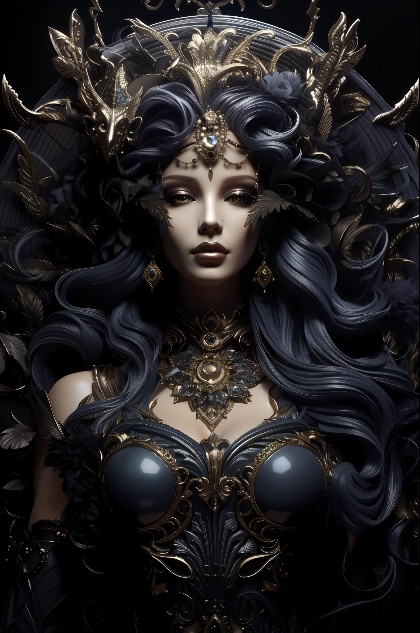 Close-up of a woman wearing a very large headdress, portrait of a dark fantasy nymph, Goddess. Extremely high detail, stuning fantasy 3 d render, portrait of a dark goddess, detailed matte fantasy portrait, 3 D rendering character art 8 K, beautiful elegant demon queen, 3 d goddess portrait, extremely detailed goddess shot, karol bak uhd