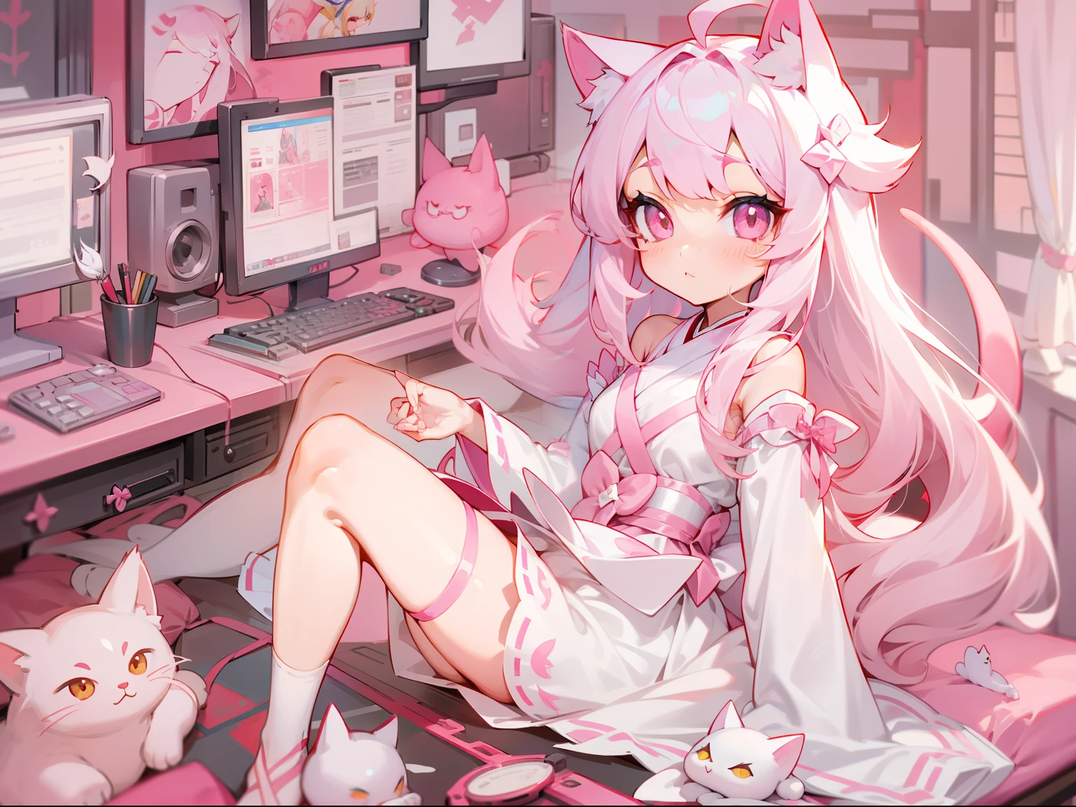 red color eyes，white color hair，Very long hair，slanted bangs，asymmetricalbangs，Princess cut，White cat ears，White cat tail，Hanfu，knees，upper legs，cropped shoulders，Pink style room，Girl's room，pink back ground，Raised sexy，Cat lady，Pink theme，adolable，Labels of temptation，Blushlush，dynamic angle，Game girl，Pink computer，desks，a chair，Pink bed，pillow head