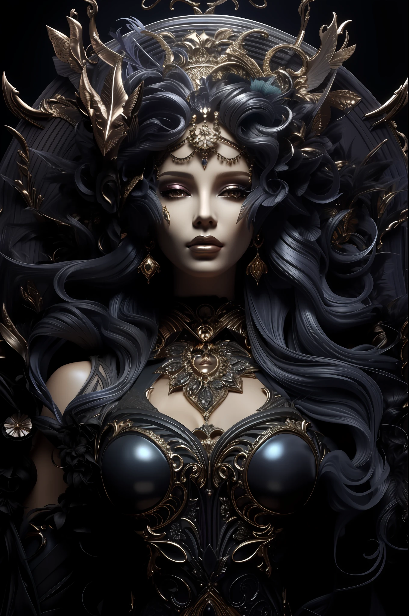 Close-up of a woman wearing a very large headdress, portrait of a dark fantasy nymph, Goddess. Extremely high detail, stuning fantasy 3 d render, portrait of a dark goddess, detailed matte fantasy portrait, 3 D rendering character art 8 K, beautiful elegant demon queen, 3 d goddess portrait, extremely detailed goddess shot, karol bak uhd