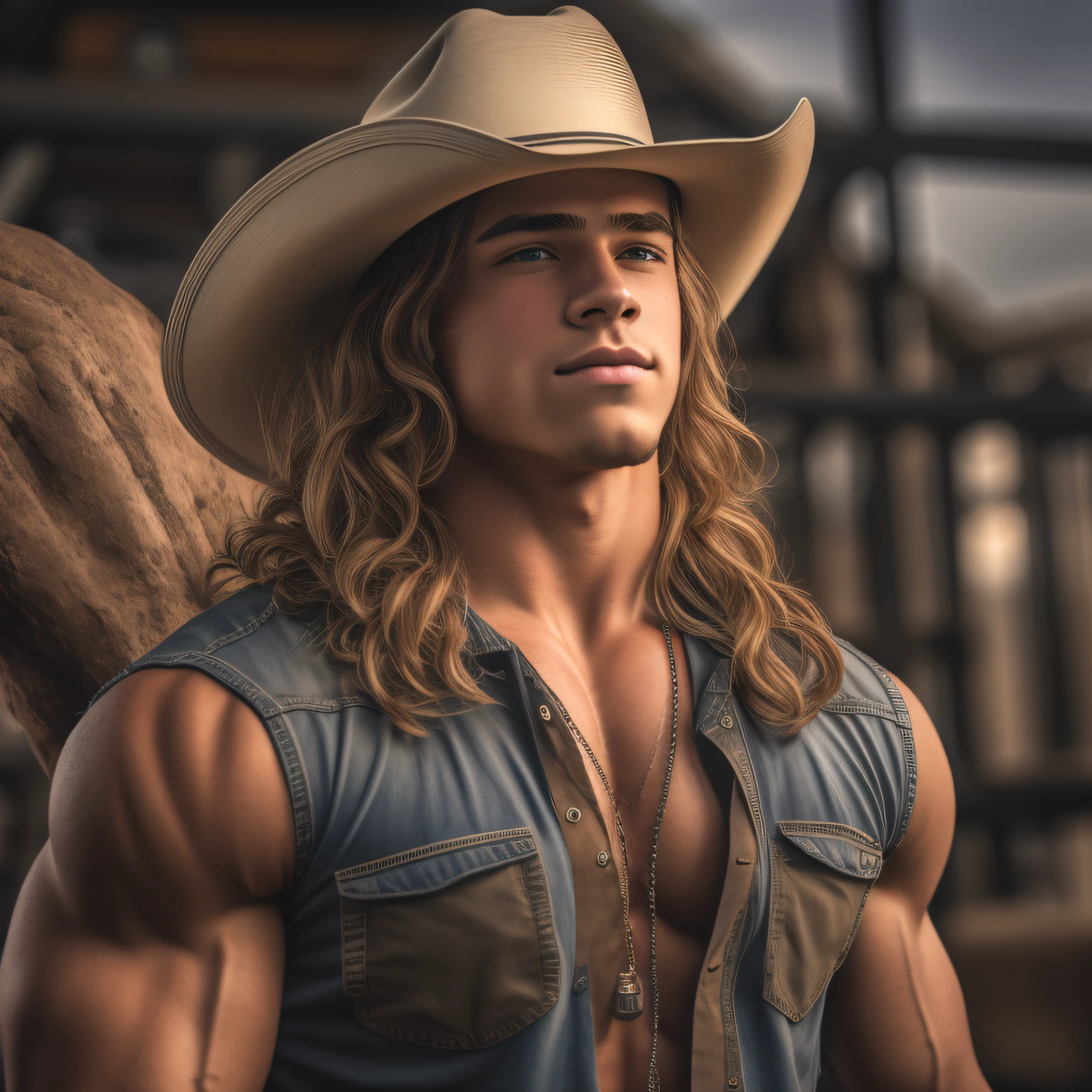 An 18-year-old boy bodybuilder, embodying the perfect fusion of Joey Lawrence and Cody Calafiore with long hair, exuding an aura of strength and confidence. Enhanced with HDR technology, this image depicts a true masterpiece, 4K resolution, cowboy shot, bluegrass vibes