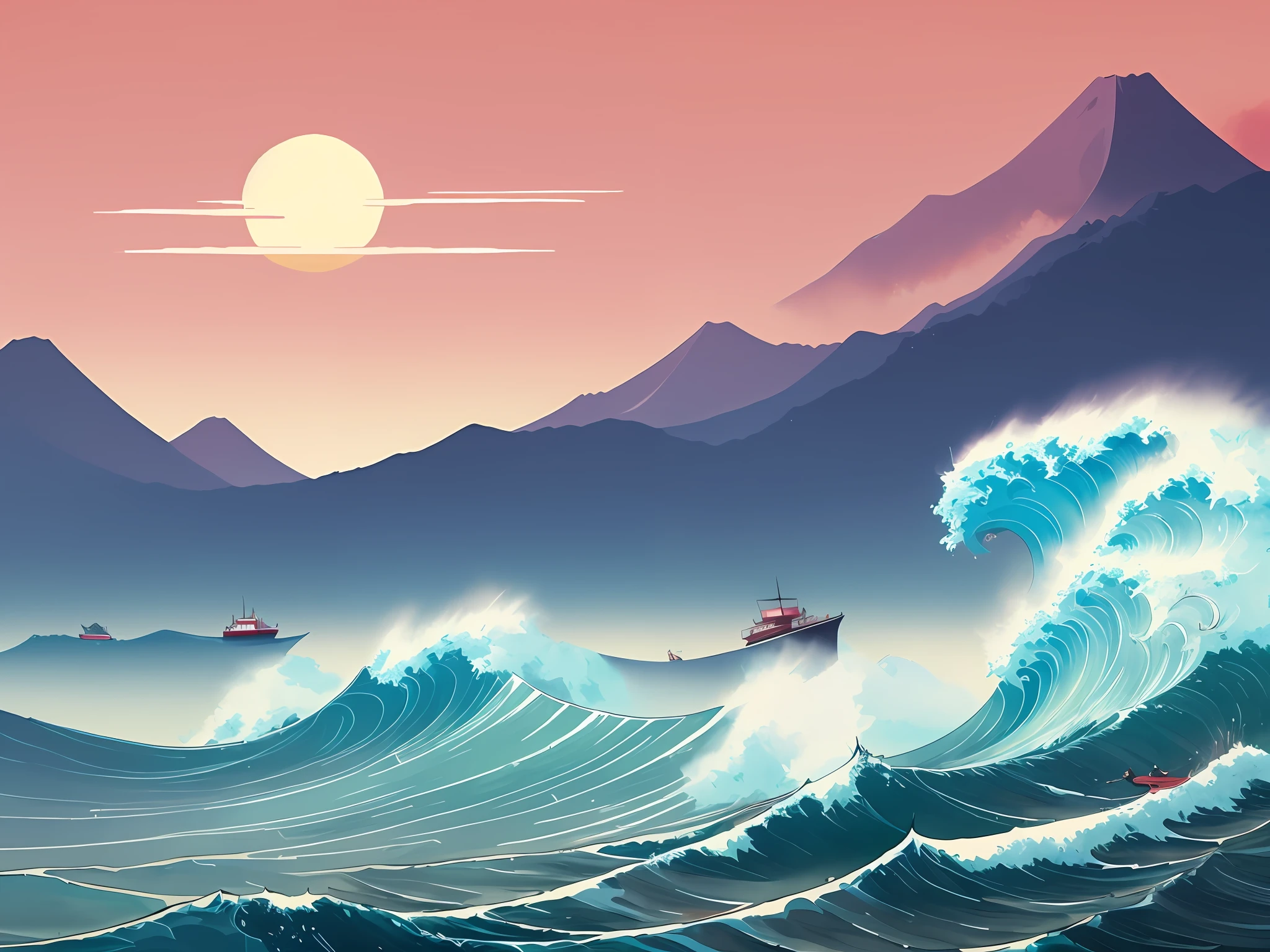 Multi-dimensional kirigami paper craft, handiwork illustration, pirate ship modern painting, vibrant pastels, whimsical ocean, happy clouds, surreal style, watercolor painting, playful, [blue background, high quality, Highly detailed, high resolution, 3D rendering, Octane render, pastel, diffused light