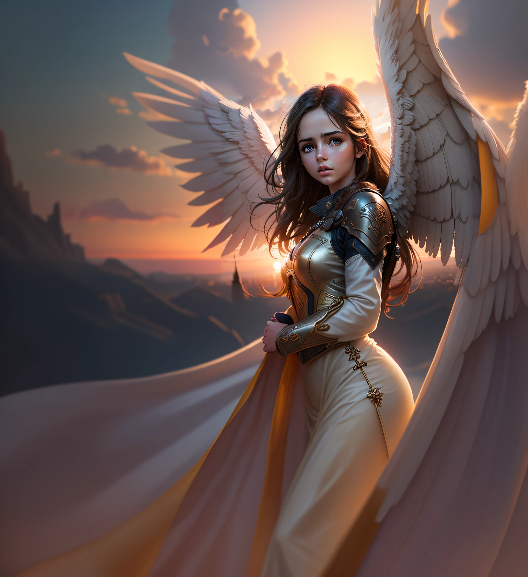 Teh angel with giant wings, realistic, full detailed, cinematic, sunset, aureola, silk dress