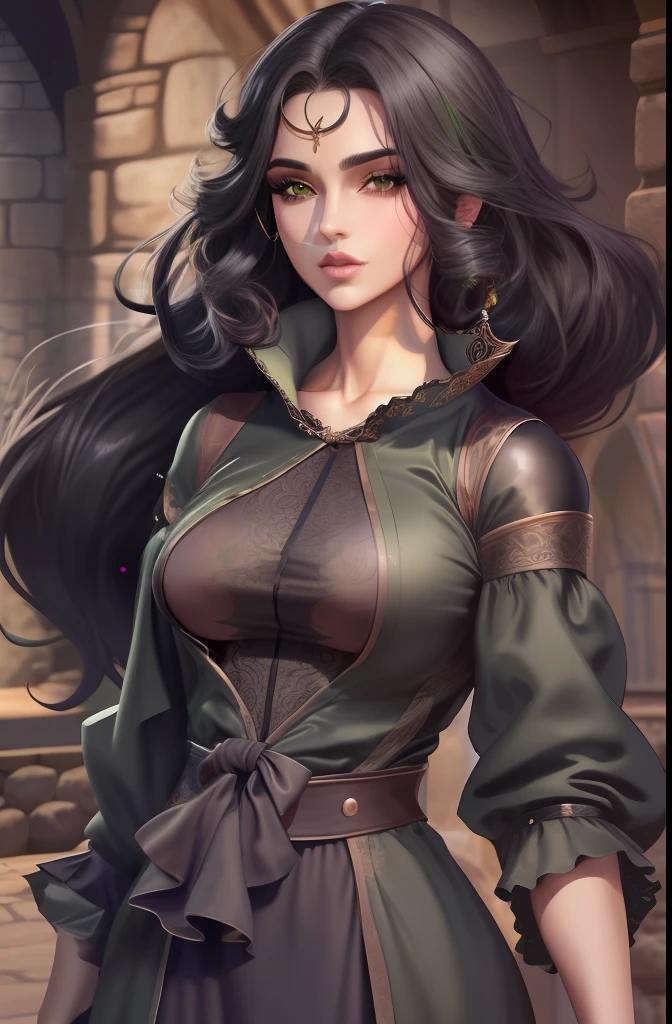 Mulher de cabelo curto e preto, olhos verdes, mid chest, curvas apontadas, Corpo sensual, roupa da pano, medieval setting, imagem HD, Imagem limpa, Imagem 4k, alta resolução, obra prima, manga art
