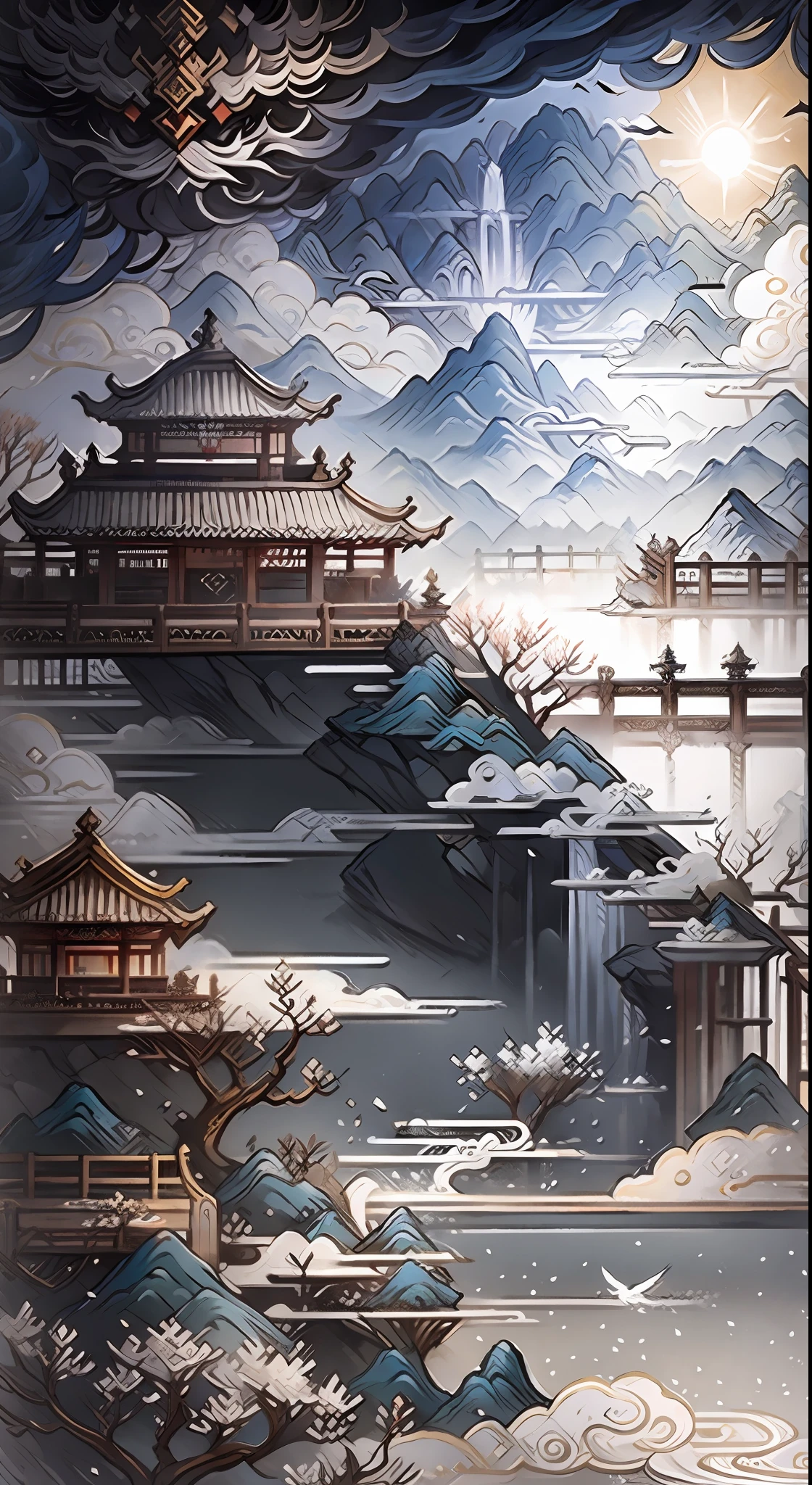 Ancient Chinese scenery, mountains, rivers, auspicious clouds, sunshine, white background, masterpiece, super detail, epic composition, Ultra HD, high quality, extremely detailed, official art, unified 8k wallpaper, Super detail, 32k -- v 6