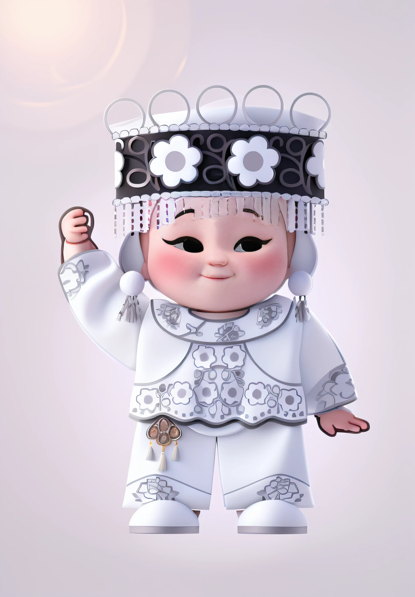 Yi girls from ethnic minorities in China，Wear traditional national costumes and headdresses，One hand up，Silver-toned earrings，hanfugirl，Meticulous details，white clean background