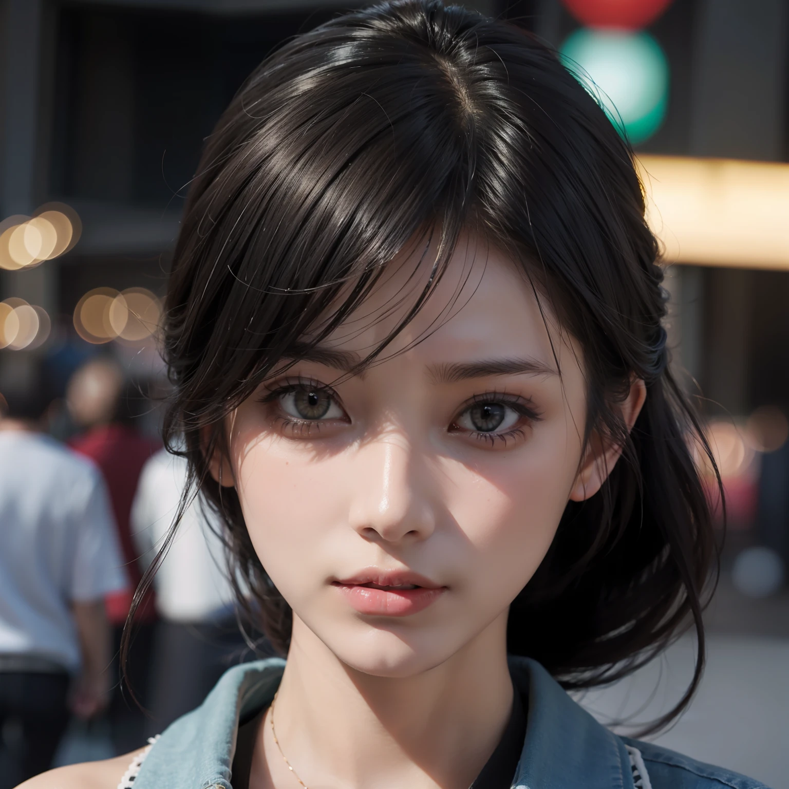 (top-quality:0.8)、(top-quality:0.8)、perfect anime illustration、Extreme close-up portrait of beautiful woman walking in city、Dark hair