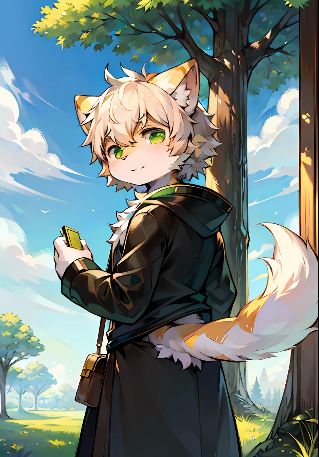 Masterpiece,High quality,abstract res,Digital painting\(artwork of a\), author:BrukkiGunar, Yupa,Kiyosan,(anthro,Fluffy fur,Character focus:1.1),anthro male cat,Portrait , eyes with brightness, in a panoramic view, Character focus.(detailedbackground:0.7), 独奏, shaggy, shaggy male, ,malefocus, Robust,Strong anthrax(Full Body Furry, It has a fluffy tail,With a green pattern, White fur, Dark green eyes), (Long felines、moth、White feathers、Dark green ears、Beige tail、Light green smoky pattern、Beige hair、seminude、Manteau:1.2),(External、In the daytime、Dense grass、Low tree、clear skies、grassy fields)