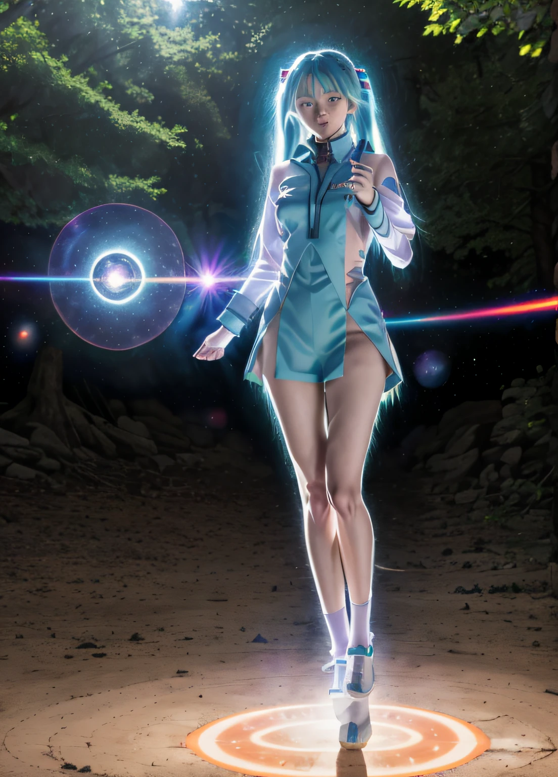 (realistic, real life, cosplay, photorealistic), ultrainstinct, 1girl, aura, aura surrounding body, (masterpiece, best quality), (outdoors), full body, very long hair, hatsune miku, detailed background, (space)