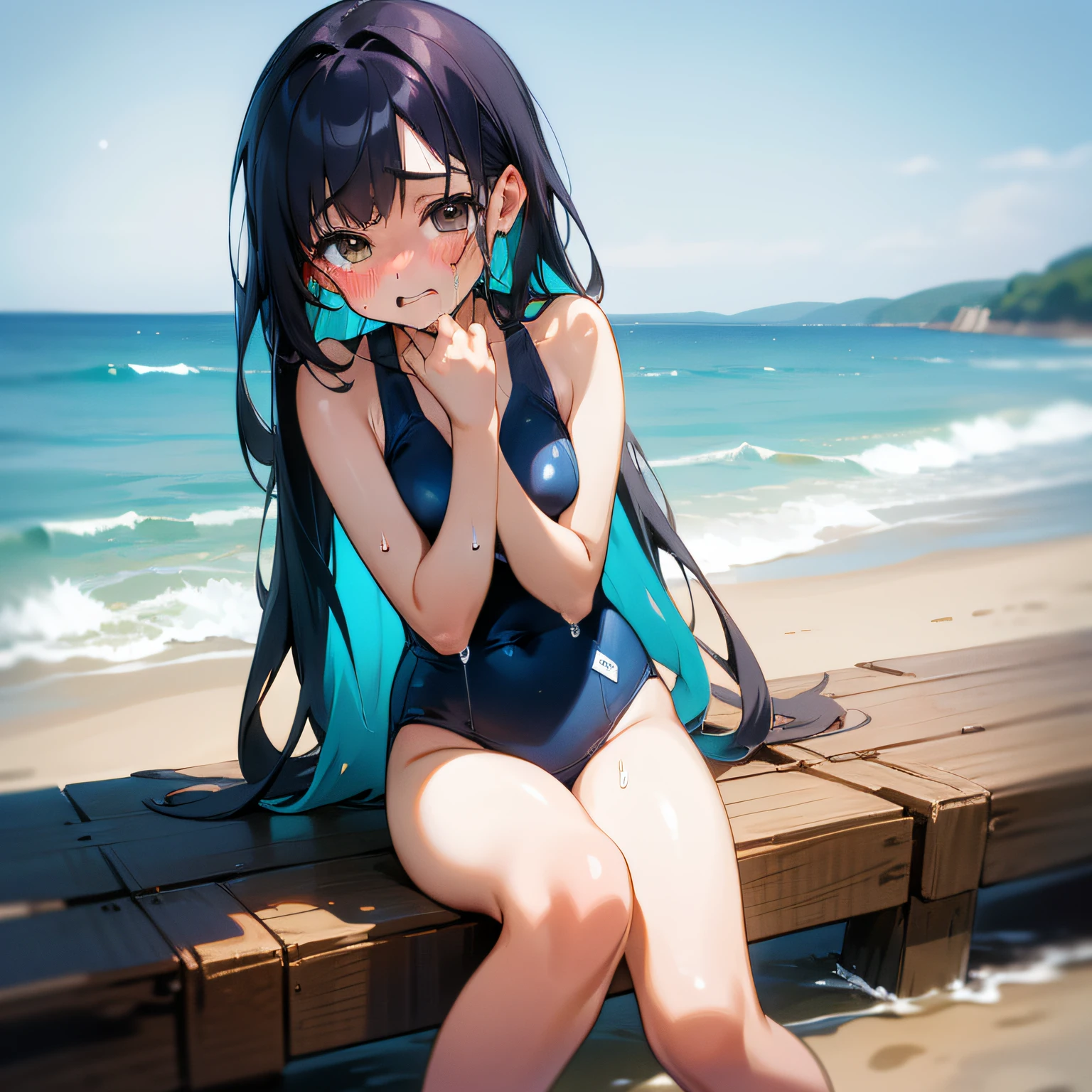 Young woman in swimsuit sitting near the sea　20yr old　Cute cry　I'm　cute little　is crying　red blush