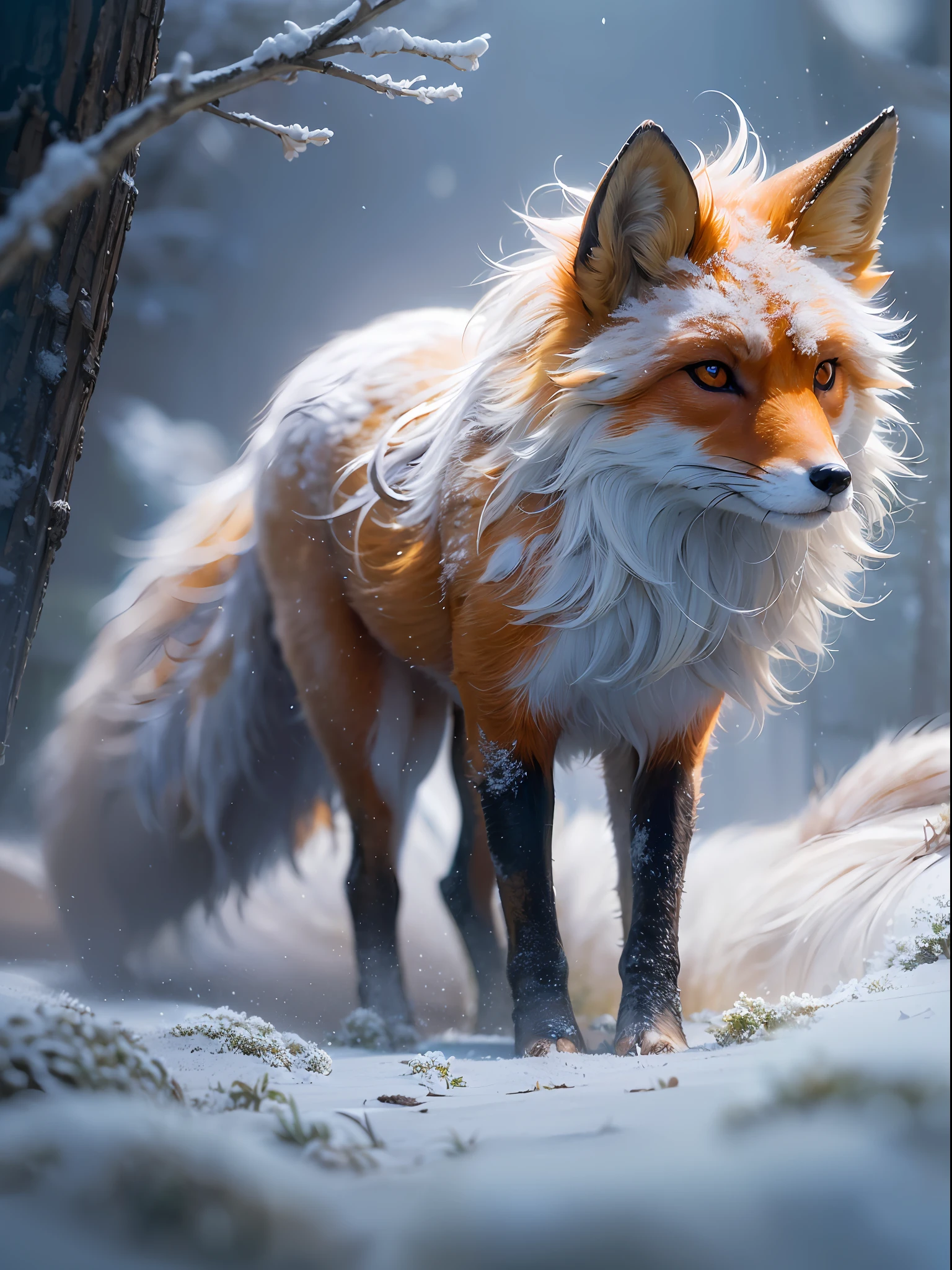 (masterpiece, photorealistic:1.3), (CGI image of a nine-tailed fox:1.3), (majestic creature with nine flowing tails:1.2), (the fox's fur rendered in exquisite detail:1.2), (each tail adorned with lush and fluffy fur:1.1), (the fur displaying a range of colors from fiery red to snowy white:1.1), (the fox's eyes shining with intelligence and mystery:1.1), (a gleam of amber, hinting at its supernatural nature:1.1), (the fox standing gracefully in a vast snow-covered open field:1.1), (Blender CGI software, capable of producing stunning photorealistic scenes:1.2), (the snowy landscape with delicate snowflakes falling:1.1), (the fox's paws leaving imprints in the fresh snow:1.1), (surrounded by the serene beauty of winter:1.1), (a sense of enchantment and wonder in the air:1.1), (the fox's captivating gaze drawing viewers into its world:1.1), (a work of art that brings mythology to life:1.1), (the nine-tailed fox, a symbol of magic and transformation:1.1), (the image capturing the fox's grace and power:1.1), (a seamless blend of CGI and reality, blurring the lines between fantasy and the natural world:1.1), (the high-resolution rendering bringing every detail to life:1.1), (a striking visual representation of a mythical creature:1.1), (the snowy field stretching endlessly, evoking a sense of freedom and adventure:1.1), (an image that sparks the imagination and leaves a lasting impression:1.1), Cinematic, Hyper-detailed, insane details, Beautifully color graded, Unreal Engine, DOF, Super-Resolution, Megapixel, Cinematic Lightning, Anti-Aliasing, FKAA, TXAA, RTX, SSAO, Post Processing, Post Production, Tone Mapping, CGI, VFX, SFX, Insanely detailed and intricate, Hyper maximalist, Hyper realistic, Volumetric, Photorealistic, ultra photoreal, ultra-detailed, intricate details, 8K, Super detailed, Full color, Volumetric lightning, HDR, Realistic, Unreal Engine, 16K, Sharp focus, Octane render