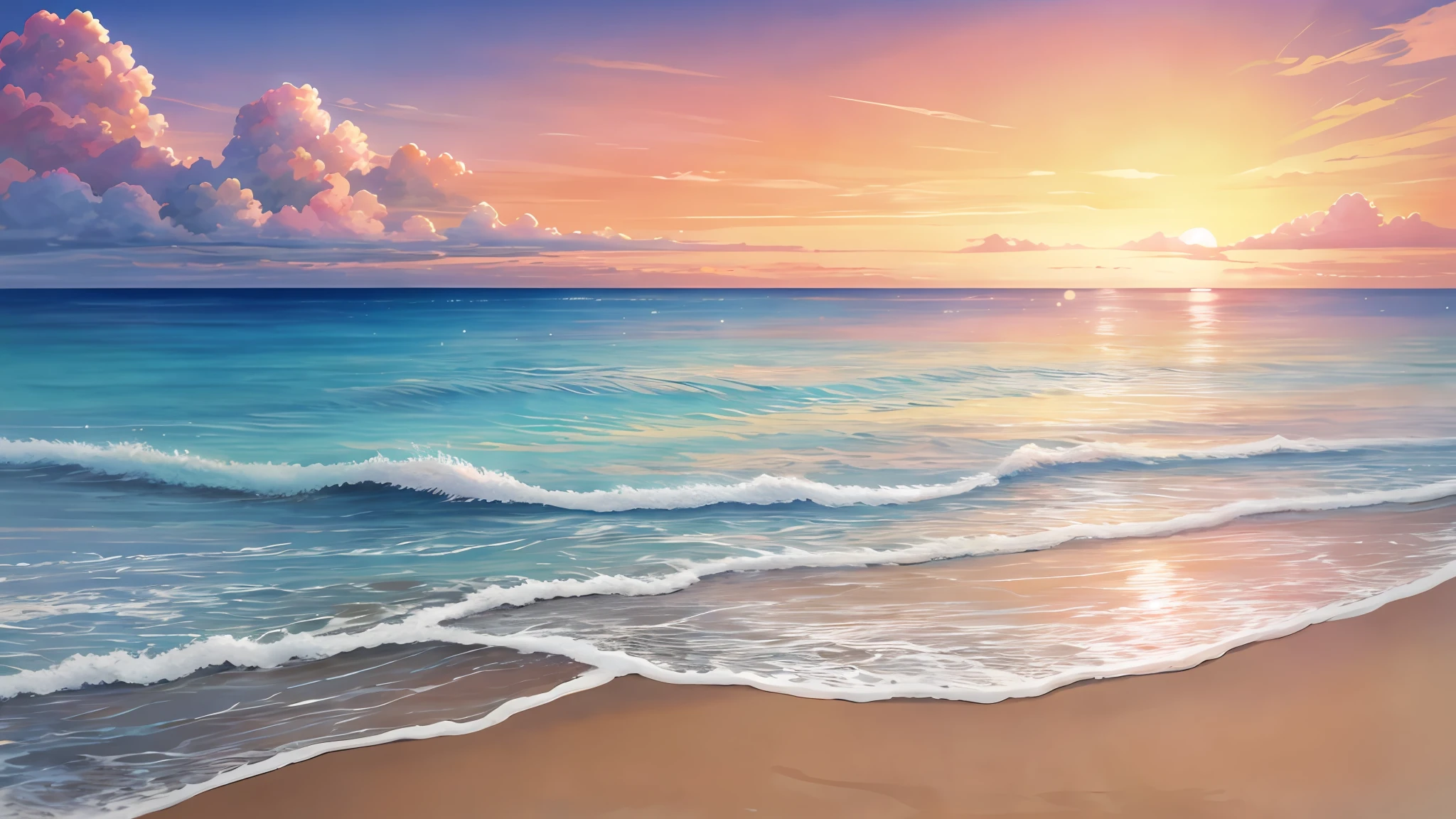Calm sea, Crystal clear sea, White sand, Resort, (Sunset: 1.2), ((Natural lighting)), Clear focus, (Long shot: 1.1), aquarelle, Painting, (Summer: 1.2), incoming clouds, horizon