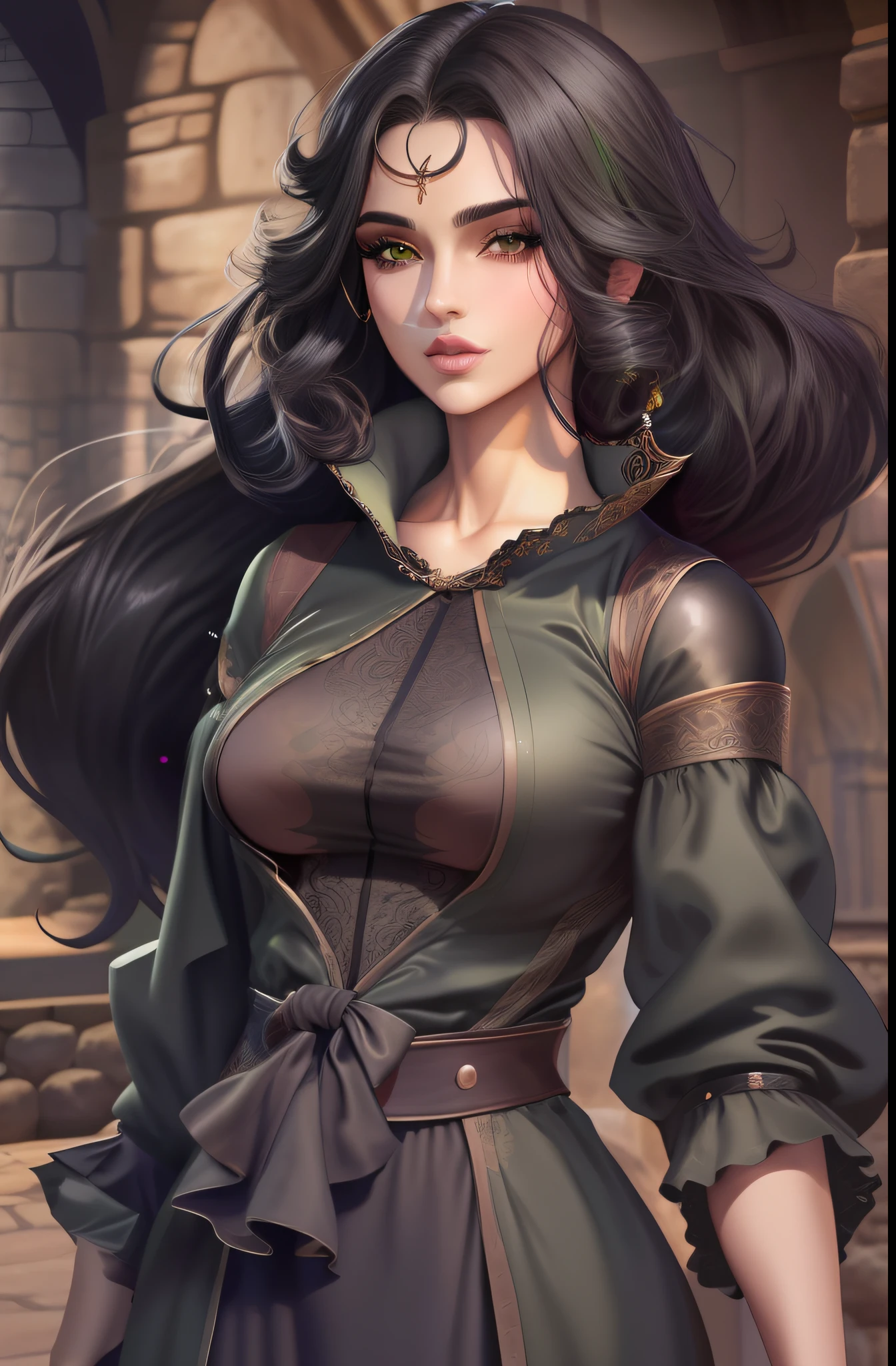 Mulher de cabelo curto e preto, olhos verdes, mid chest, curvas apontadas, Corpo sensual, roupa da pano, medieval setting, imagem HD, Imagem limpa, Imagem 4k, alta resolução, obra prima, manga art