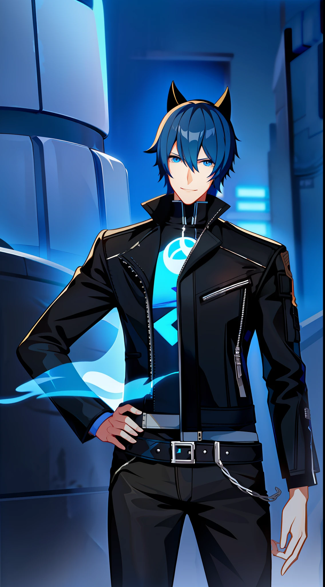 Tall guy, Short blue hair, blue eyes, cat ears, black leather jacket, pants, Smile, fire, Ghost Rider, Masterpiece, hiquality