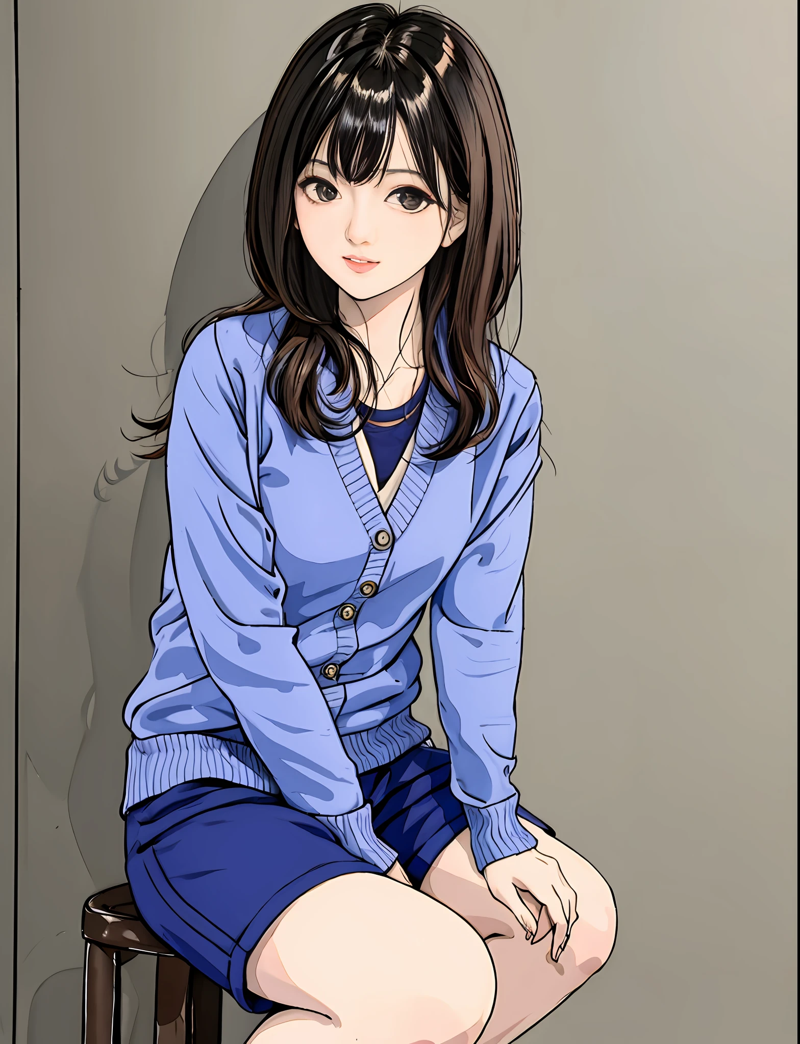 Best Quality, masutepiece, Narrow-eyed, Medium shot portrait of asian woman in cardigan and shorts, frontage, Asian Squat, Low camera angle