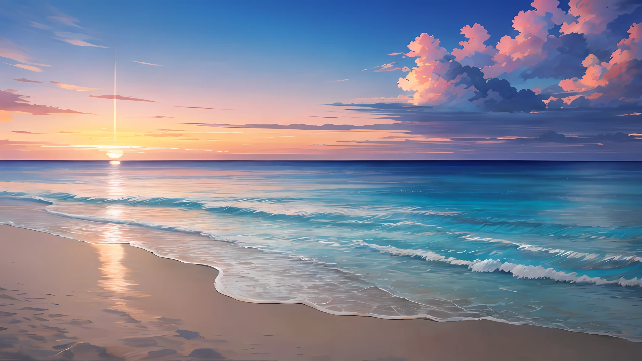 Calm sea, Crystal clear sea, White sand, Resort, (Sunset: 1.2), ((Natural lighting)), Clear focus, (Long shot: 1.1), aquarelle, Painting, (Summer: 1.2), incoming clouds, horizon