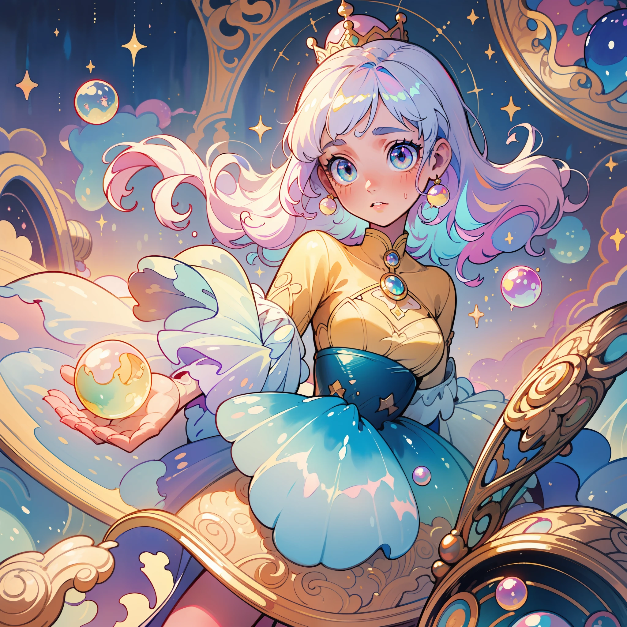 masterpiece, best quality, 8k resolution, sharp focus, intricate detail, beautiful girl, sparkling eyes, golden ratio face, otherworldly liquid, watercolor, pastel colors, bright colors, whimsical, colorful, sharp focus, high resolution, fine detail, princess layered ballgown, ((round eyes)), iridescent bubbles, castle landscape in background
