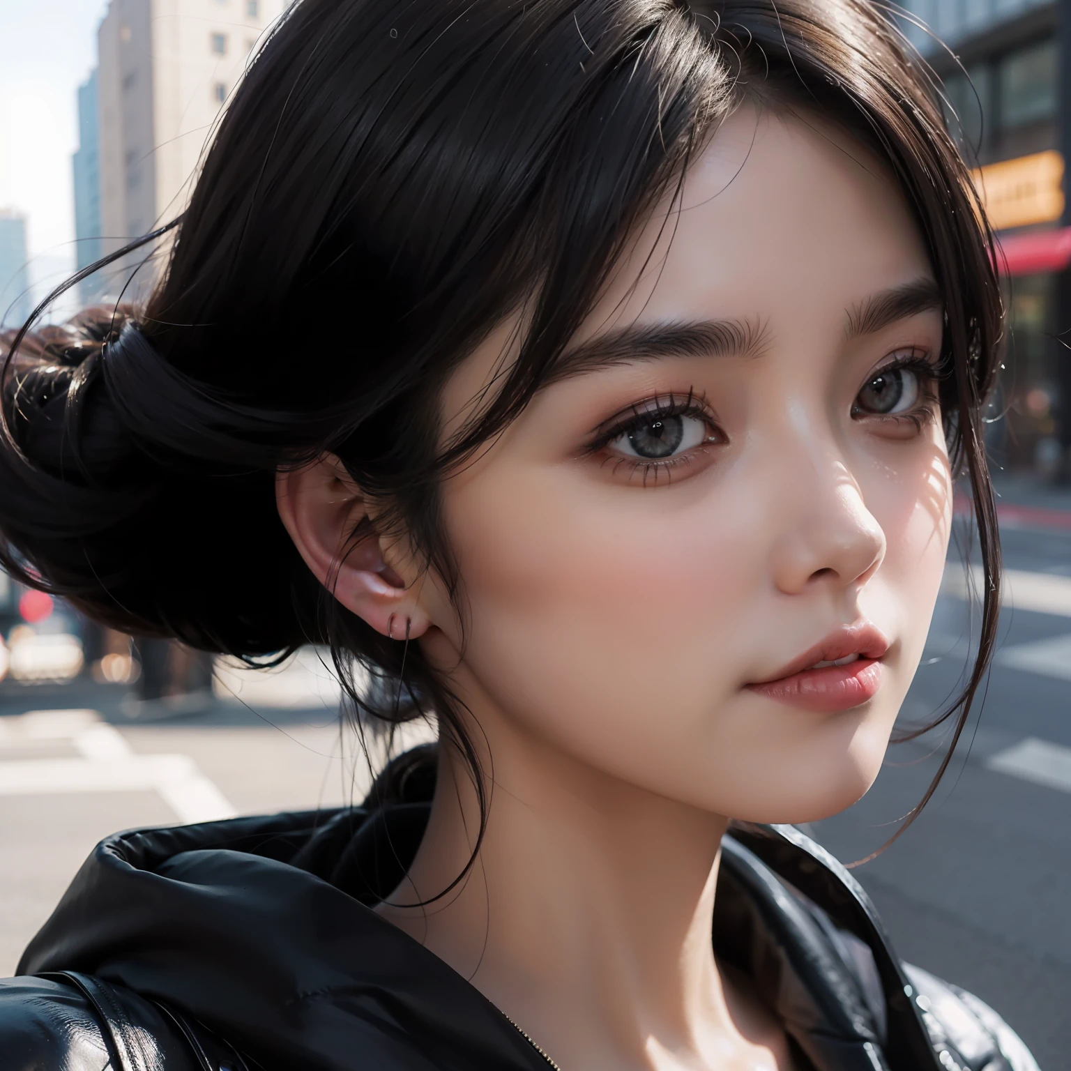 (top-quality:0.8)、(top-quality:0.8)、perfect anime illustration、Extreme close-up portrait of beautiful woman walking in city、Dark hair