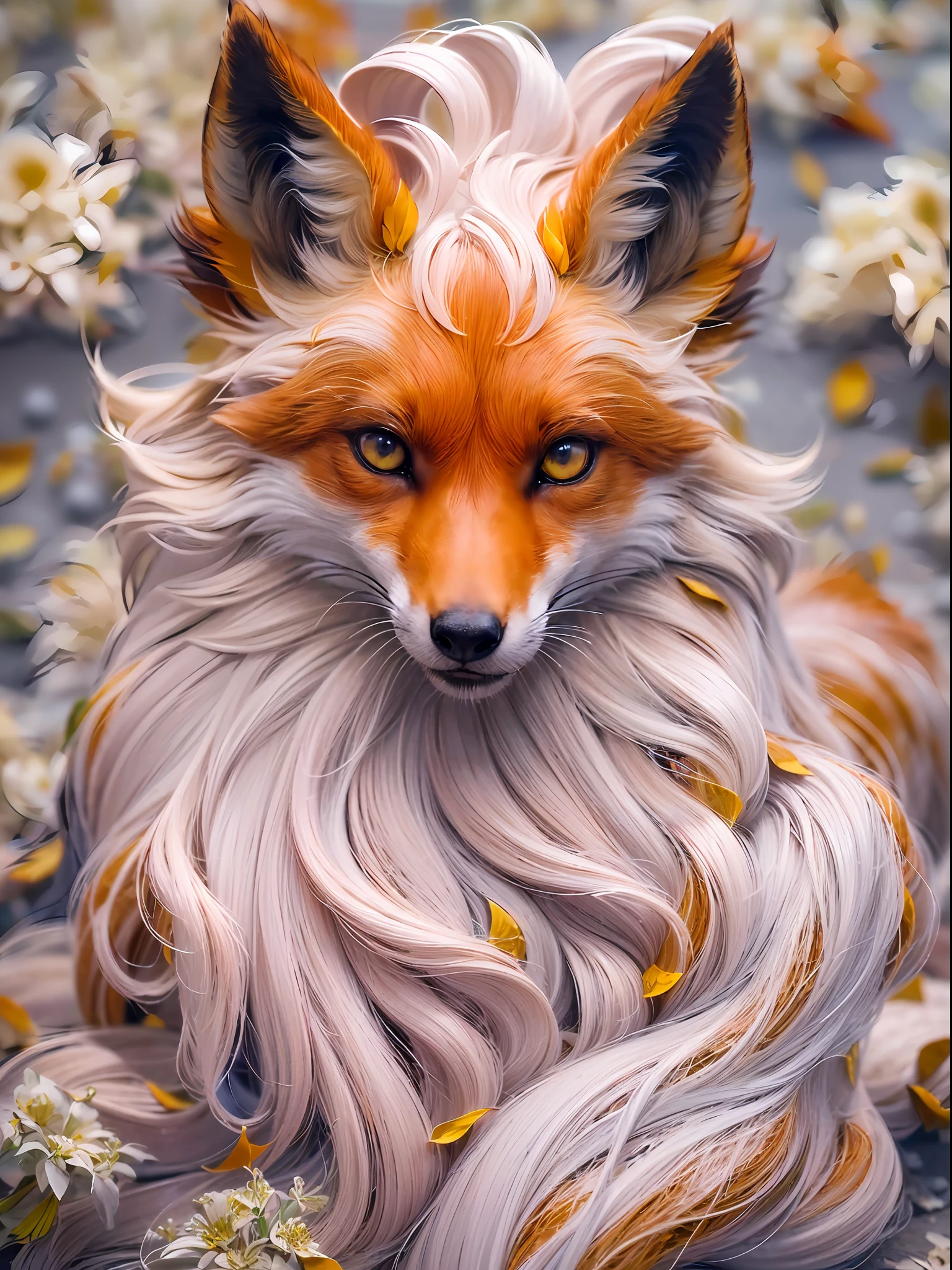 (masterpiece, photorealistic:1.3), (CGI image of a nine-tailed fox:1.3), (majestic creature with nine flowing tails:1.2), (the fox's fur rendered in exquisite detail:1.2), (each tail adorned with lush and fluffy fur:1.1), (the fur displaying a range of colors from fiery red to snowy white:1.1), (the fox's eyes shining with intelligence and mystery:1.1), (a gleam of amber, hinting at its supernatural nature:1.1), (the fox standing gracefully in a vast snow-covered open field:1.1), (Blender CGI software, capable of producing stunning photorealistic scenes:1.2), (the snowy landscape with delicate snowflakes falling:1.1), (the fox's paws leaving imprints in the fresh snow:1.1), (surrounded by the serene beauty of winter:1.1), (a sense of enchantment and wonder in the air:1.1), (the fox's captivating gaze drawing viewers into its world:1.1), (a work of art that brings mythology to life:1.1), (the nine-tailed fox, a symbol of magic and transformation:1.1), (the image capturing the fox's grace and power:1.1), (a seamless blend of CGI and reality, blurring the lines between fantasy and the natural world:1.1), (the high-resolution rendering bringing every detail to life:1.1), (a striking visual representation of a mythical creature:1.1), (the snowy field stretching endlessly, evoking a sense of freedom and adventure:1.1), (an image that sparks the imagination and leaves a lasting impression:1.1), Cinematic, Hyper-detailed, insane details, Beautifully color graded, Unreal Engine, DOF, Super-Resolution, Megapixel, Cinematic Lightning, Anti-Aliasing, FKAA, TXAA, RTX, SSAO, Post Processing, Post Production, Tone Mapping, CGI, VFX, SFX, Insanely detailed and intricate, Hyper maximalist, Hyper realistic, Volumetric, Photorealistic, ultra photoreal, ultra-detailed, intricate details, 8K, Super detailed, Full color, Volumetric lightning, HDR, Realistic, Unreal Engine, 16K, Sharp focus, Octane render