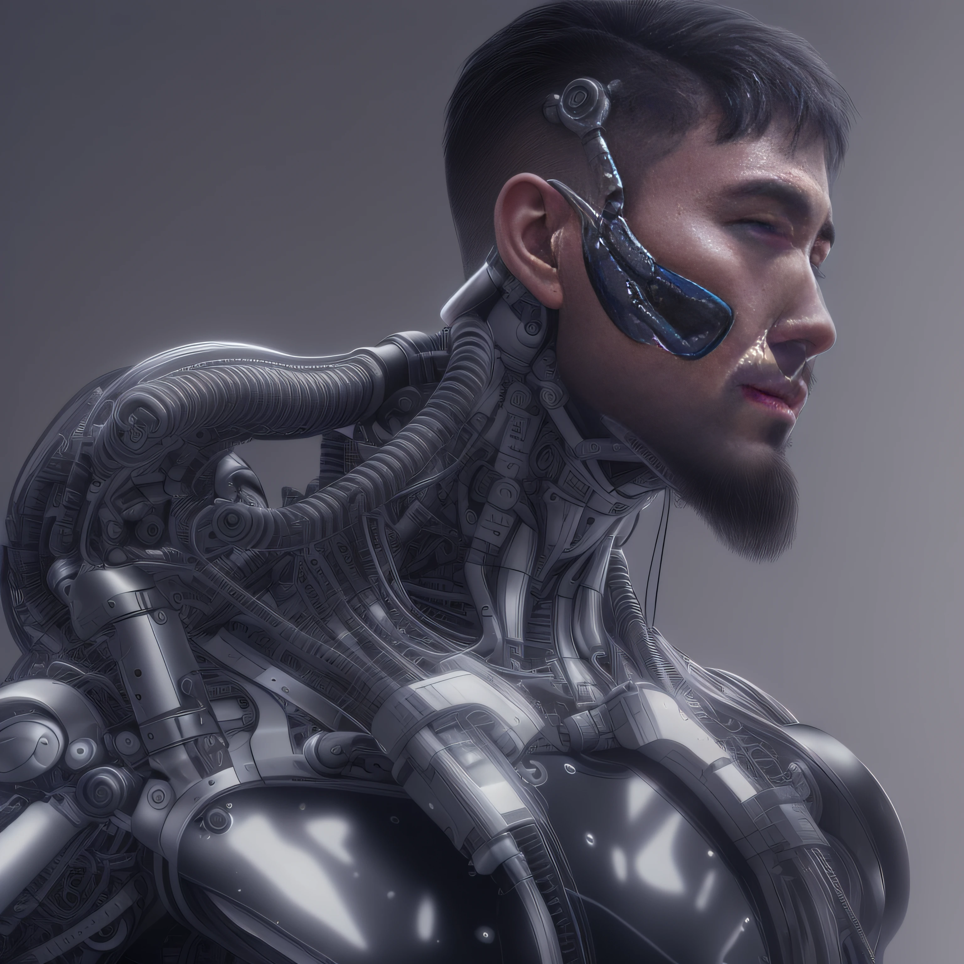 (Alfed man wearing black transparent latex tong,Translucent latex tong:1.5),(Metallic body, bionic scifi alexandre ferra, cyborg neck, cyborg male, male cyborg, cyborg fashion model, portrait of a cyborg, detailed portrait of a cyborg, cybernetic neck implant, portrait of a futuristic robot :1.3)(dystopian sci-fi character, sci - fi character, portrait of a cyberpunk cyborg:1.2)(8K,Extreme detail,Hair in extreme detail,Ultra photo realsisim,cinmatic lighting:1.1)(Asian supermodel face,Strong muscles and perfectly curved body,Extreme sexual tension,Hormonal explosion,whole body display:1.5)(Short hair, Light-colored beard, Stubble masculinity,Naked muscle man,Muscular macho,No clothes on,Only a pair of thongs was worn,Extremely sexy and provocative:1.5)