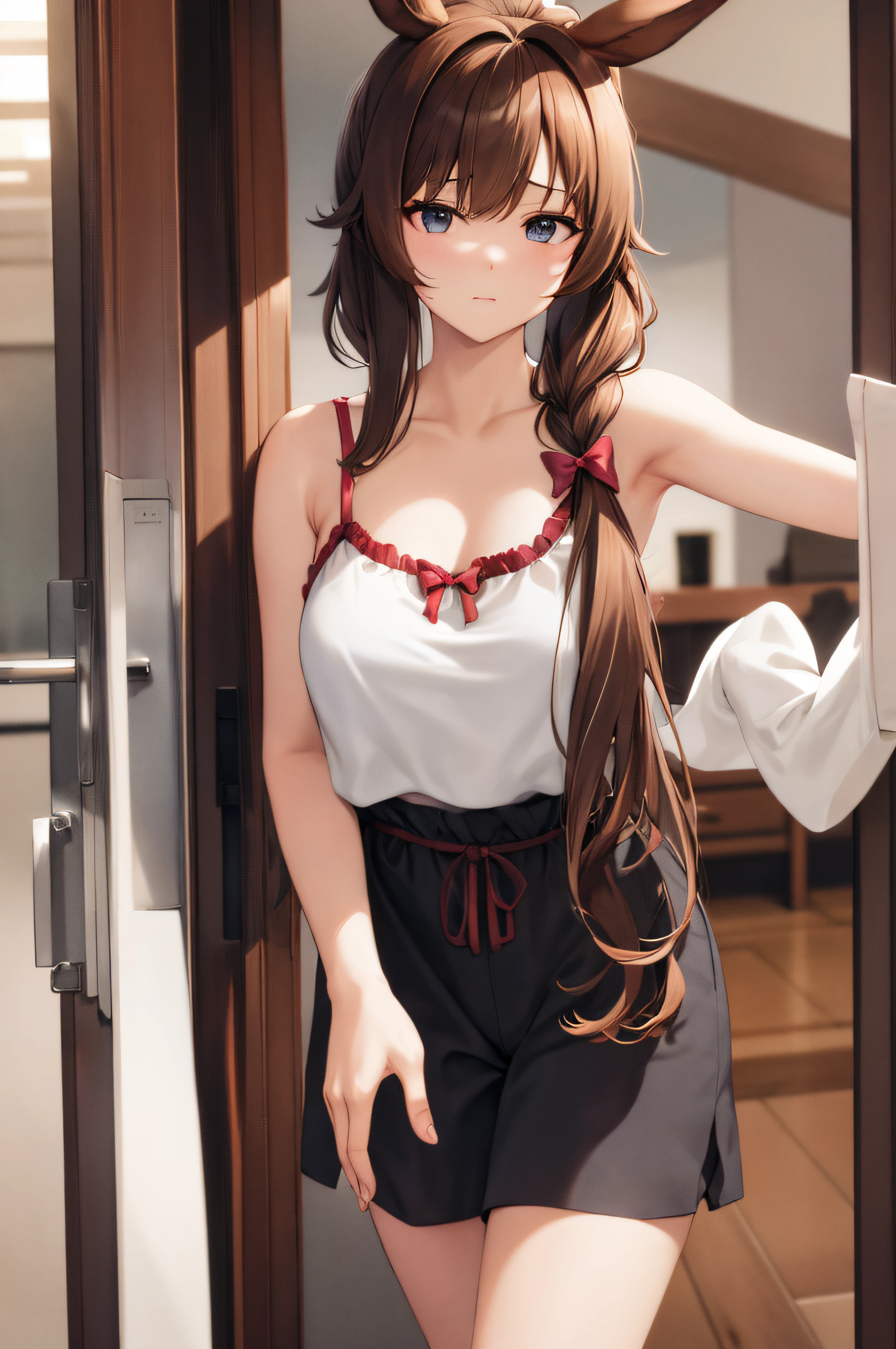 ​masterpiece, hightquality, top-quality, hight resolution, 4K, high-detail, beautiful  lighting,extra detailed face, well-drawn hands, well-drawn legs,well-drawn feet,well-drawn eyes,1girl in, brown haired, Brown-eyed,Hair Bow,(((the bow))))、length hair、Low ponytail、Hair on the shoulders、Troubled face、Horse tail coming out of the ass、Uma Musume、（Admire Vega）、Horse ears、tail, Hi-Res, Open the upper body door and peek,(Open the upper body door and peek)、camisole、s Pajamas、Open the door、Grasp the door handle、camisole、s Pajamas