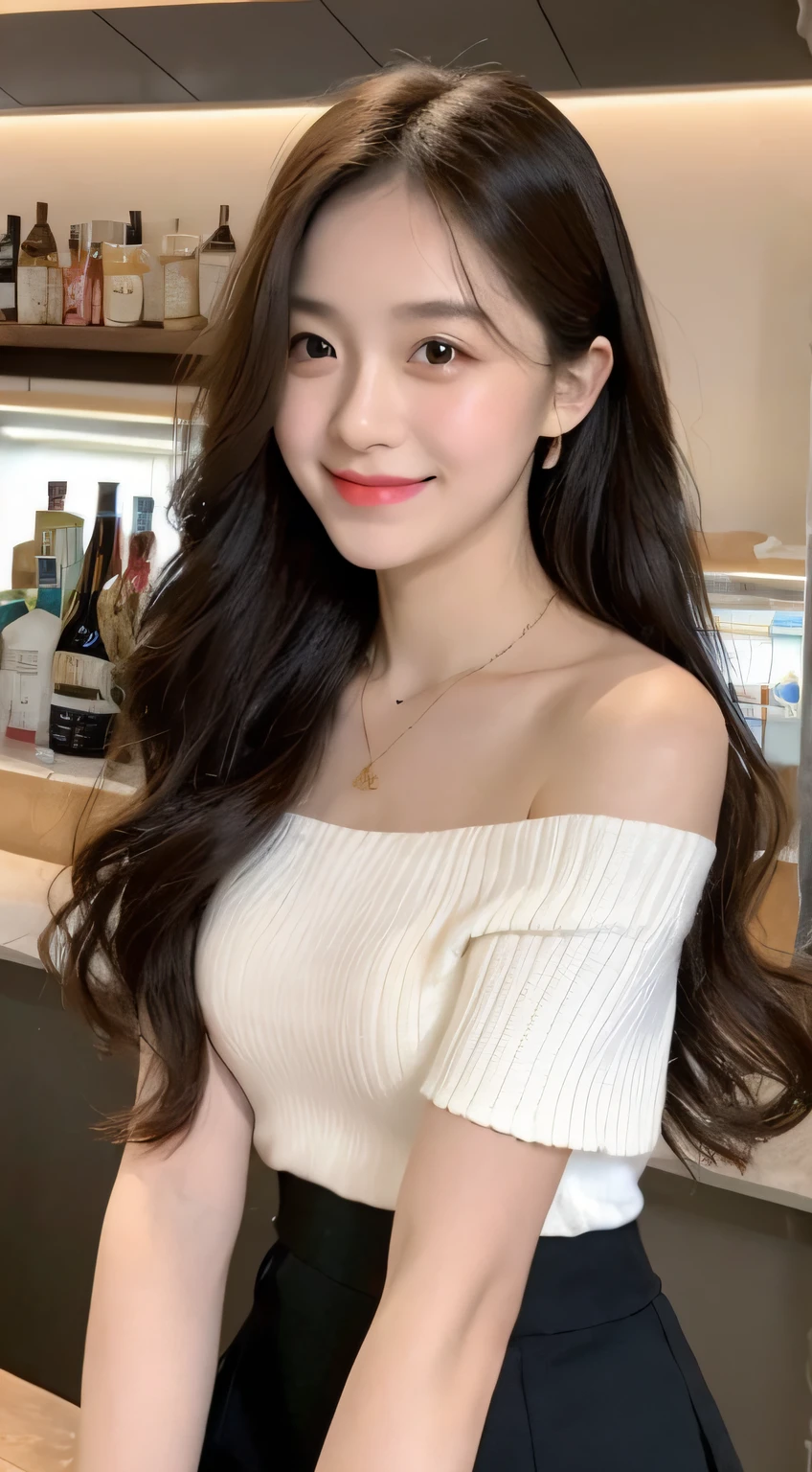 A superb exquisite real beautiful girl, golden long curly hair, extremely exquisite facial features, peerless beautiful girl, collarbone off-the-shoulder, white crop top shirt, black JK skirt, exposed legs, sweet smile, soft, dreamy quality, light white and dark brown, exaggerated facial features, solid color, frank off-white, surreal, blue gemstone necklace, ultra-clear, beautiful young girl, cute and lively, super short leggings, background at the bar counter