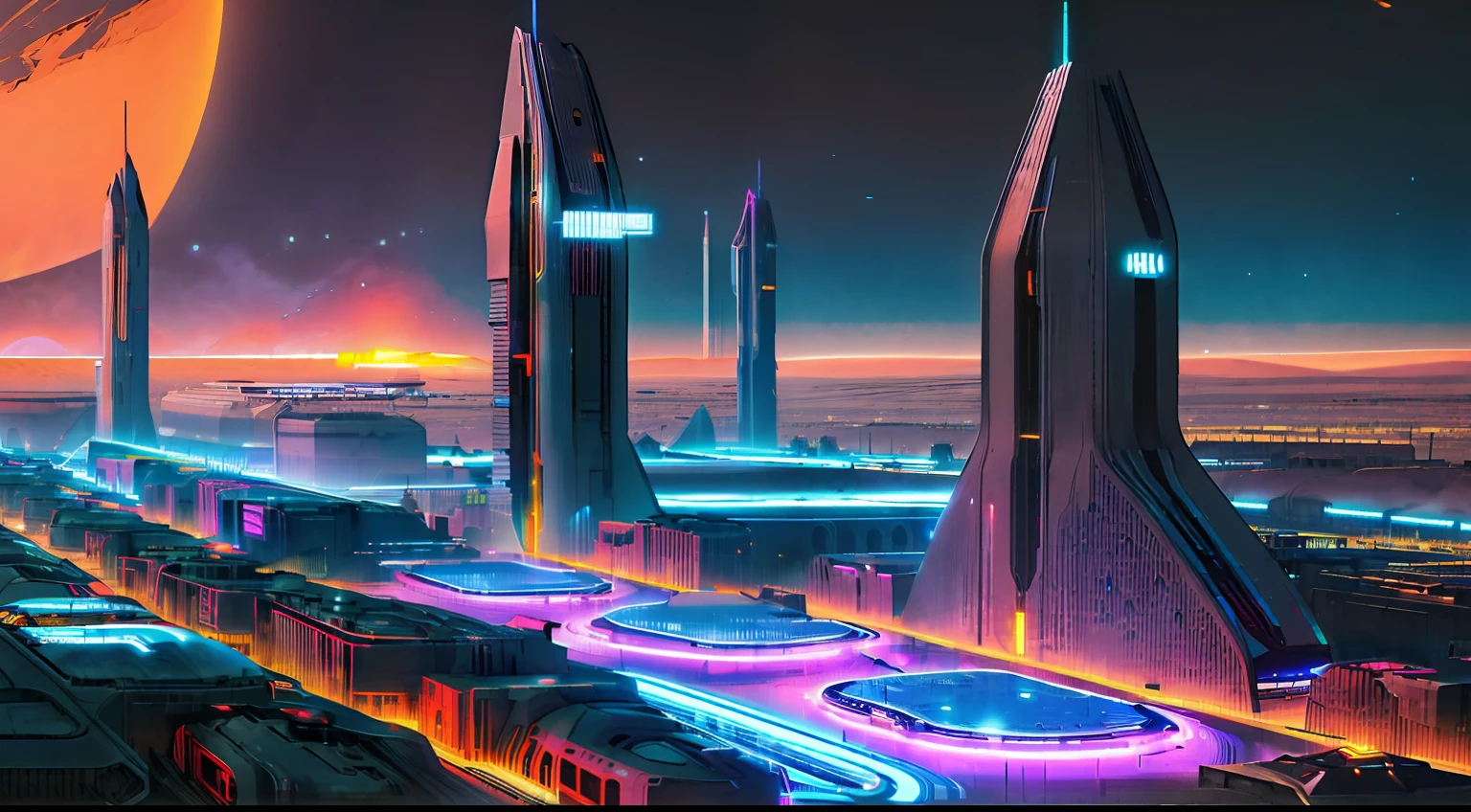 (Best quality),(masterpiece),(ultra detailed),(high detailed),(extremely detailed),Isometric view of massive futuristic cyberpunk city on mars at night, neon lights, cyberpunk style, sci-fi, dystopian