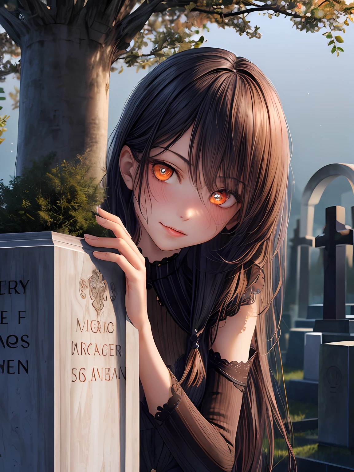 Masterpiece, Best quality, Detailed, side-lighting,
3D face, Realistic, Glossy glossy skin,
1girll, Solo, Upper body, Outdoors, graveyard, grave stones, tree, (Night:1.4),
Long hair,
Orange eyes, eyes reflection, Bright pupils, Beautiful detailed eyes, full blush, Lick lip,
Small breasts, Small areolas, Long ,
steams, Steamed body, rough breath,
peeking out upper body, hutaodef,Lace，4 fingers