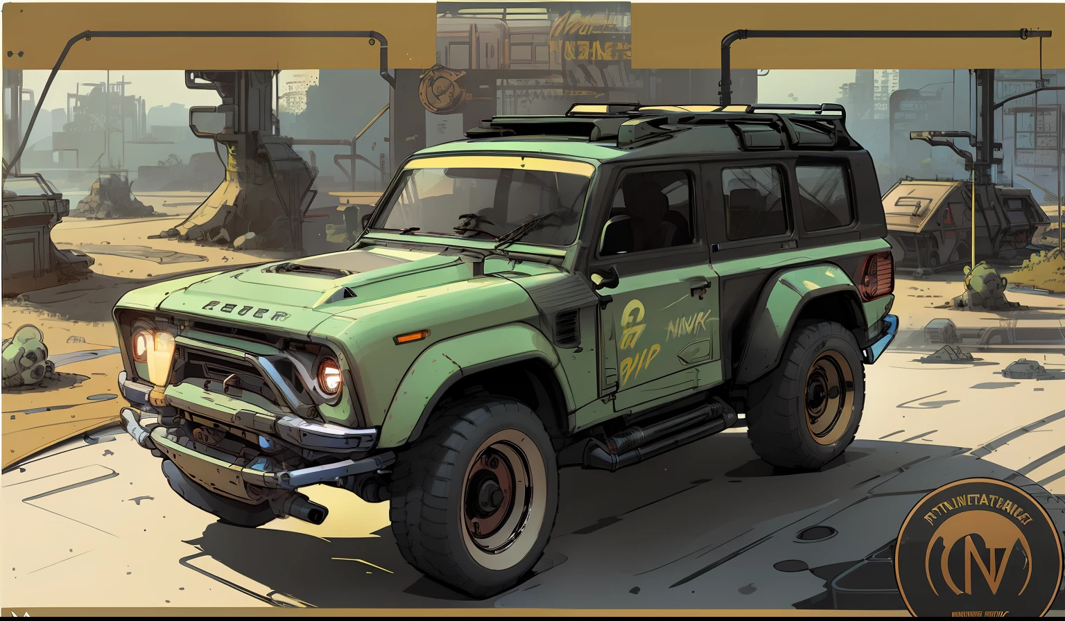 (nvinkpunk:1.2) (SNTHWVE style:0.8) SUV Land Rover,SUV, lightwave, Sunset, ,Forest Highway,Sand roads,Intricate, Highly detailed,Illustration style