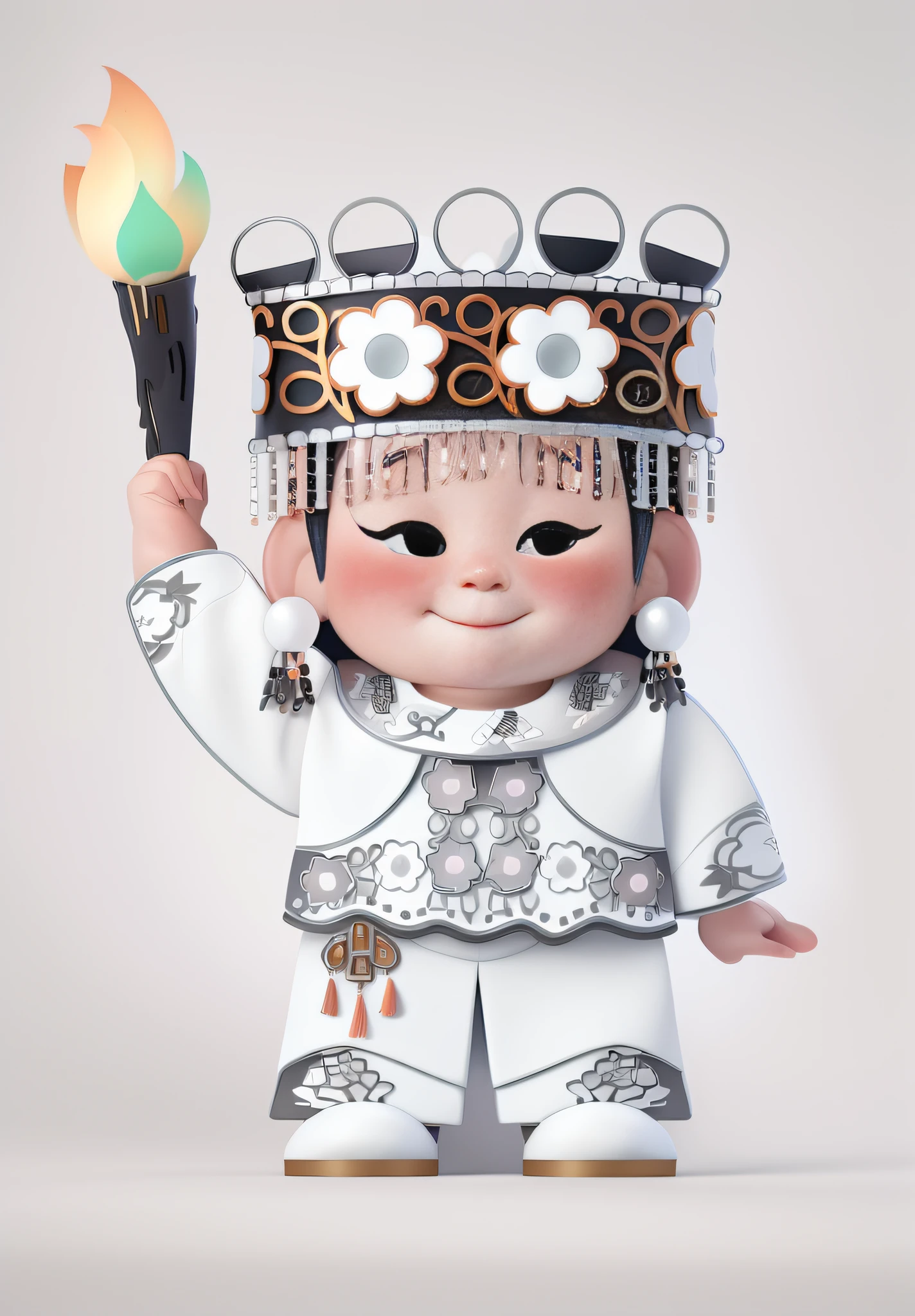 Yi girls from ethnic minorities in China,Wear traditional national costumes and headdresses,Torches in hand,Silver-toned earring earrings,hanfugirl,Meticulous details,white clean background