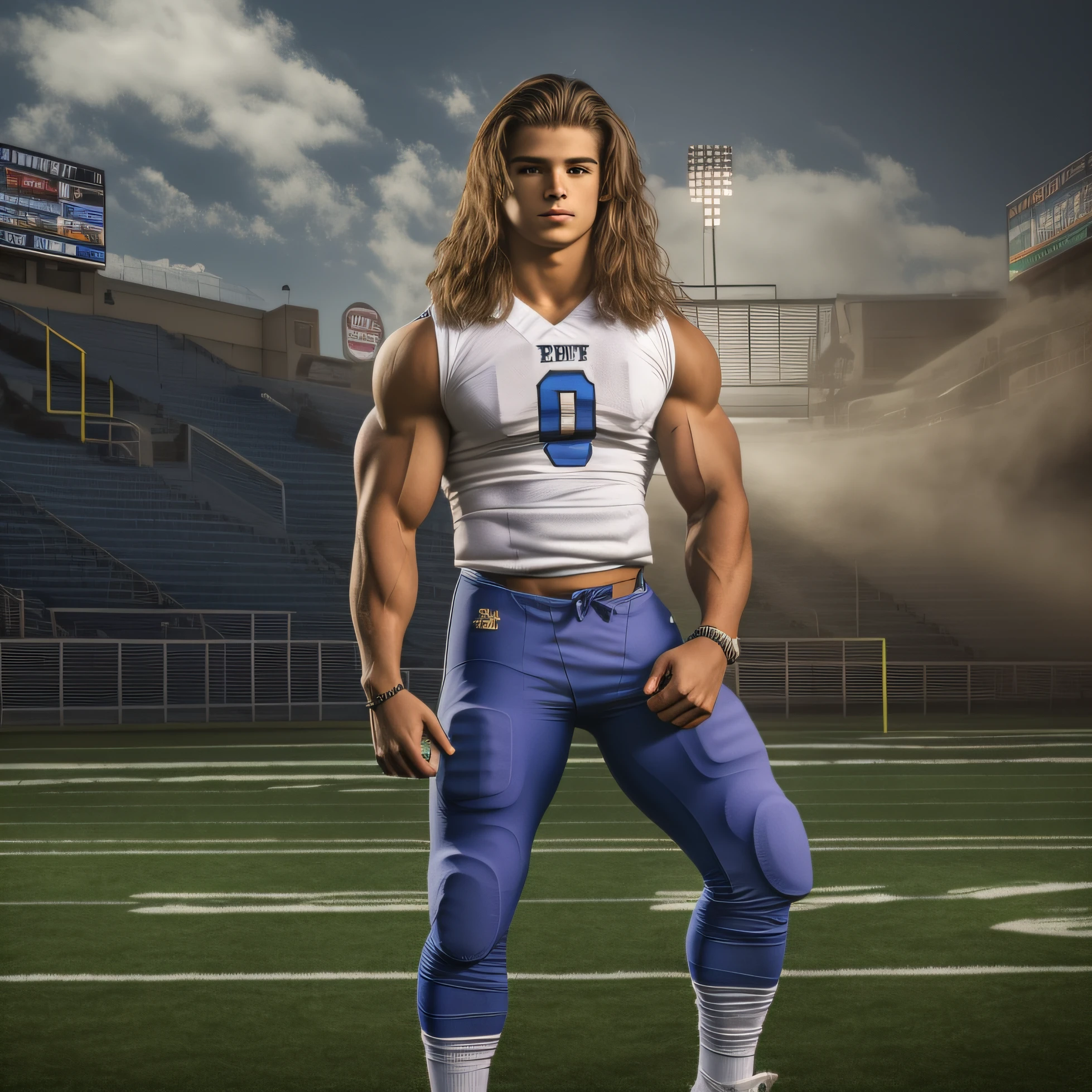 An 18-year-old boy bodybuilder, embodying the perfect fusion of Joey Lawrence and Cody Calafiore with long hair, exuding an aura of strength and confidence. Enhanced with HDR technology, this image depicts a true masterpiece, 4K resolution, football, collegiate vibes