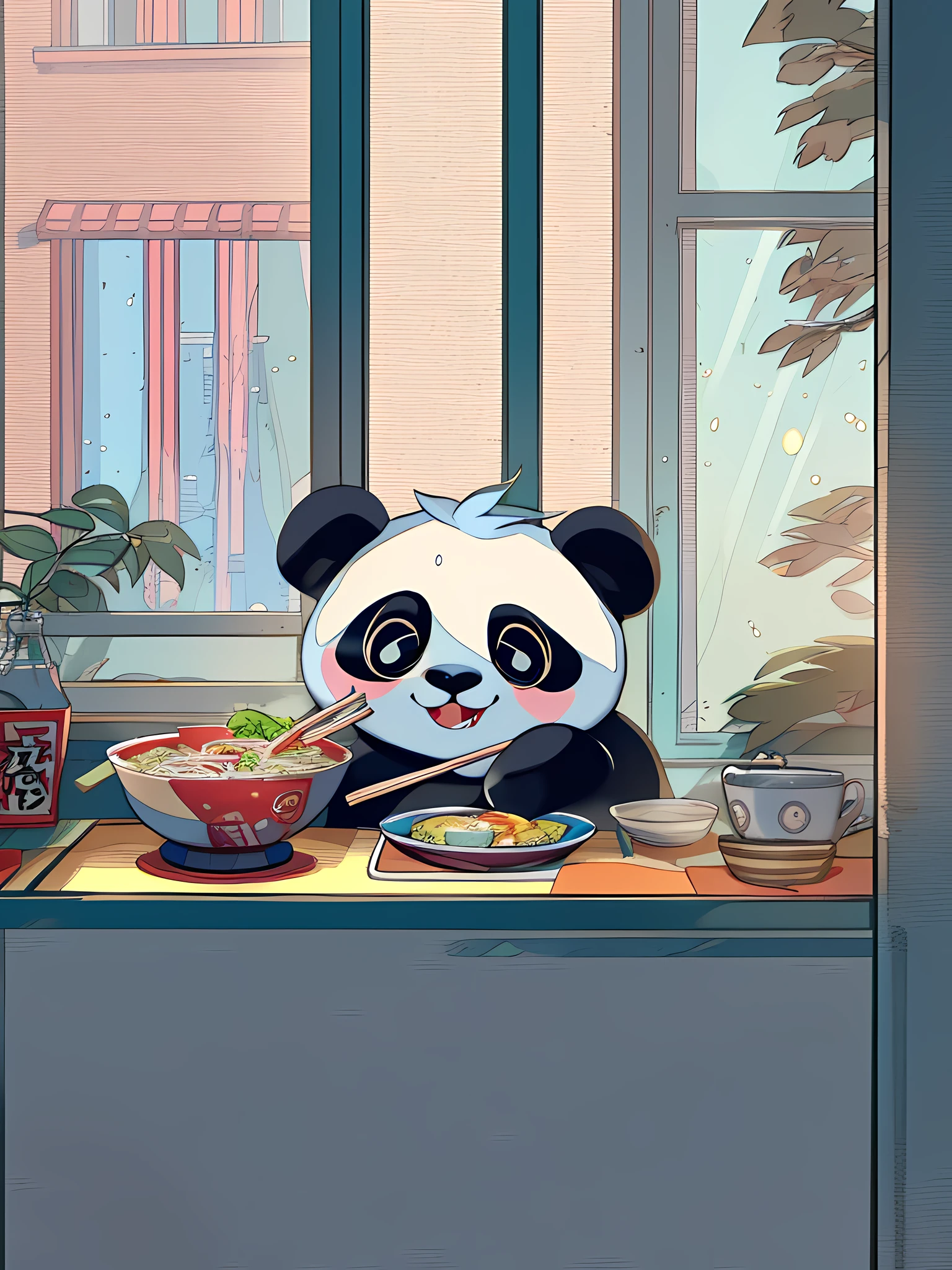 Adorable panda eating ramen with chop sticks in front of window, outside of window is a busy city, Pixar style, 4k, lots of food on his table, the panda is smiling with cute fangs