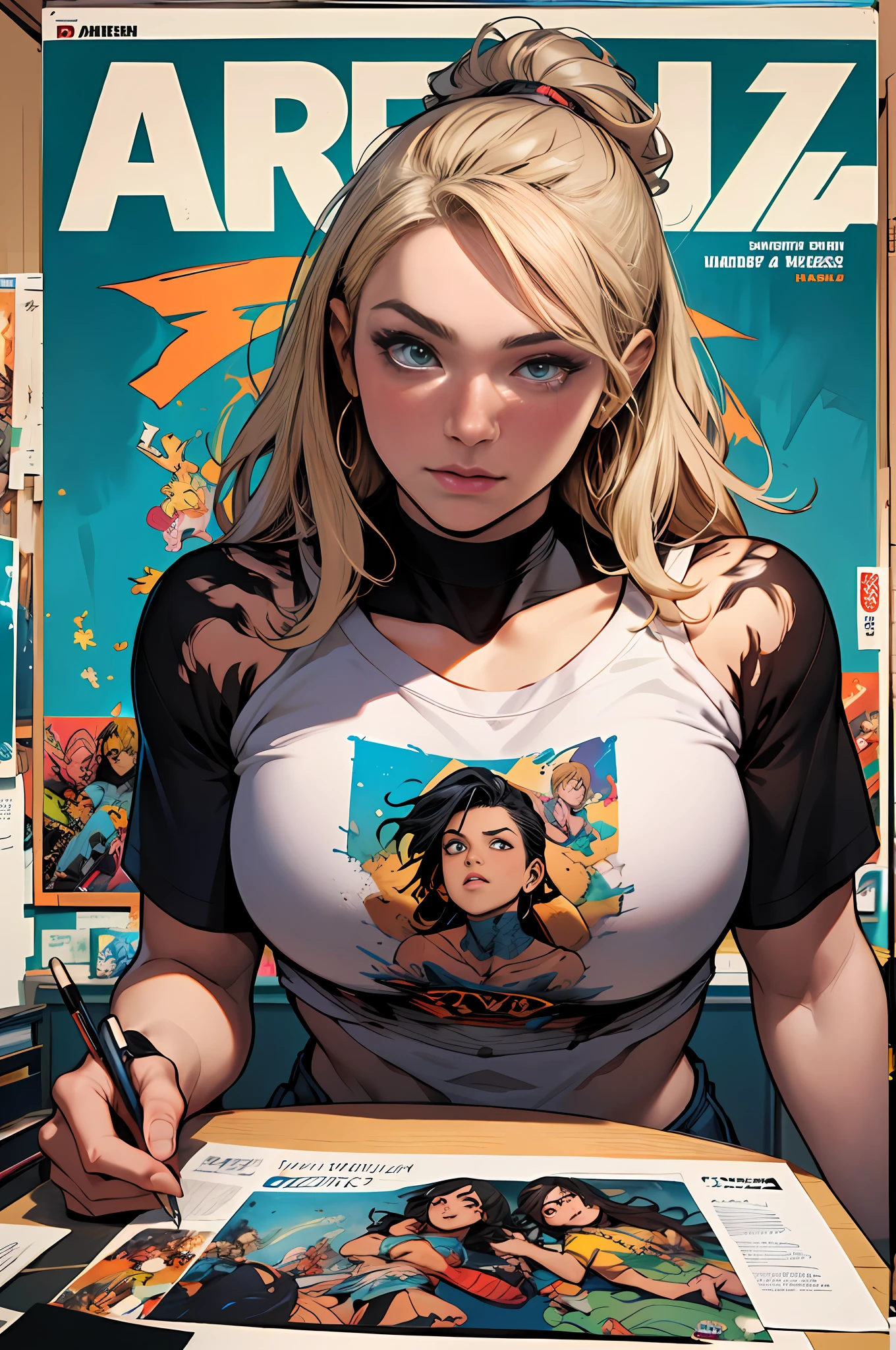 raw photo, ::comix style by marc silvestri:: beautiful woman ashley alexiss european perfect and detailed,   style ::2.0 comix illustration style,tatoon style , man model ultra detailed, (beautiful and clear background:1.2),, fantastic paintings ,graffit style, olhos altamente detalhados , a white t-shirt or tatoon stamp , blond hair, masterpiece, best quality, high quality, highres, detail enhancement, ((most beautiful image in the world)), masterpiece, best quality, high quality, highres, detail enhancement, ((most beautiful image )),with short, shiny black hair, wearing a large round-neck t-shirt, wearing jeans, five legs, like yellow sneakers, emphasizing the integrity of the human body, emphasis on the correct 5 fingers on each hand and the correct shadow, , bright image, art by stanley artgerm lau, art by kenneth rocafort, art by genzoman, art by joe madureira, art by blushyspicy, art by stjepan sejic, art by j scott campbell, art by guillem march, art by citemer liu, 4k, high resolution, comic book, comic book character, comic, high quality