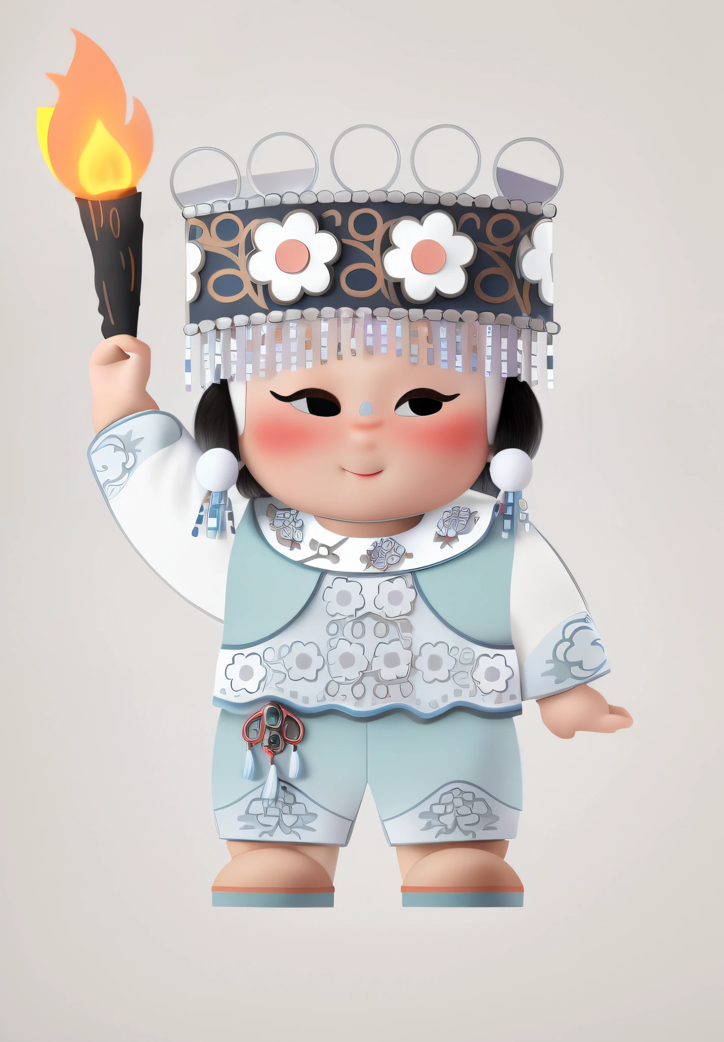 Yi girls from ethnic minorities in China，Wear traditional national costumes and headdresses，Hold a torch in hand，Silver-toned earring earrings，hanfugirl，Meticulous details，white clean background