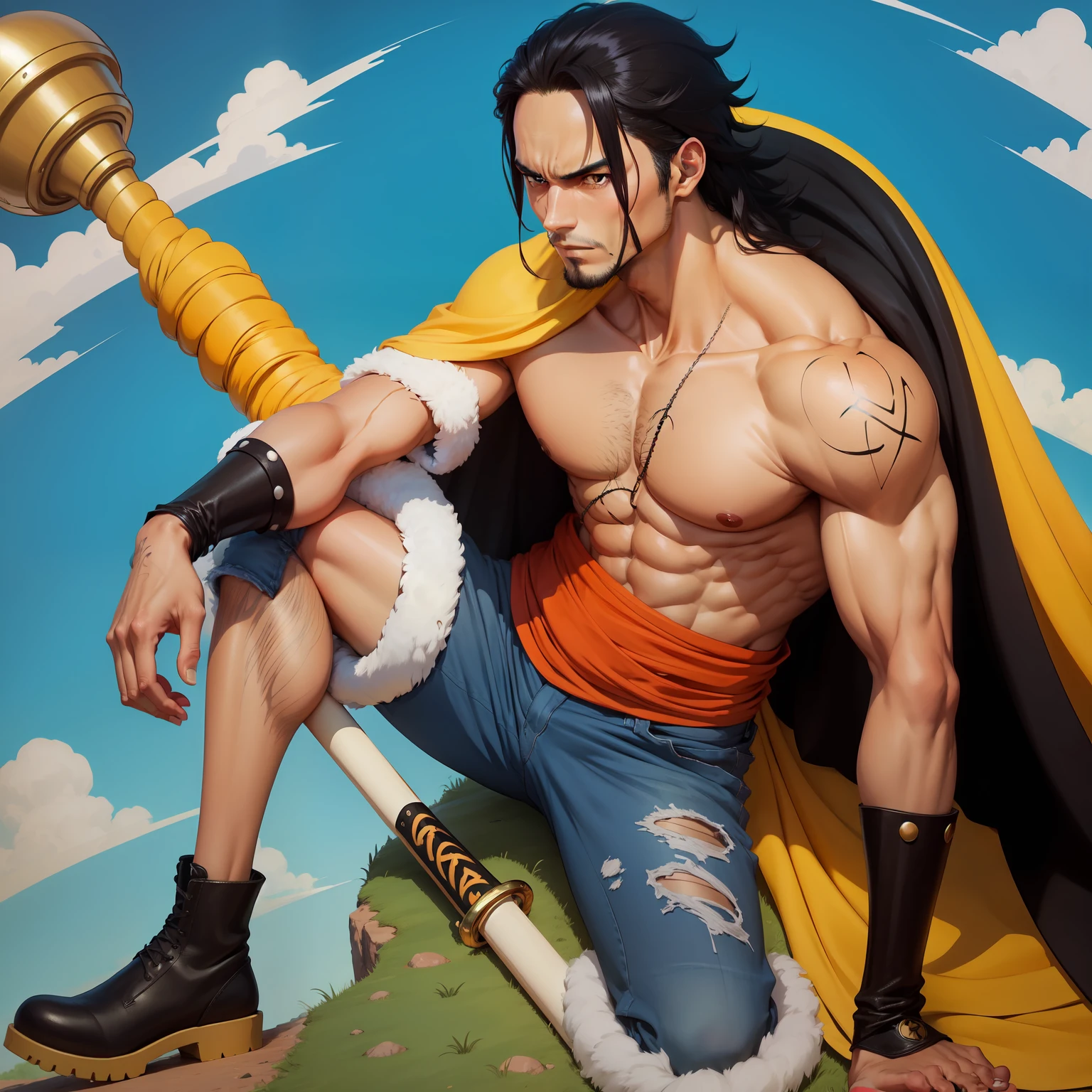 \(One_Piece\), Estilo de arte de anime, estilo de arte de Eiichiro Oda, sozinho, sozinho, 1st grade, 1menino, 1homem, olhos castanhos claros, cabelo longo grande, roupa completa, t-shirt, long jeans, logpose, botas, cabelo negro, sorrir, atletic_Corpo, pele parda, cicatrizes pelo corpo, cabelo volumoso longo, cabelo arrepiado, Luvas, cinto, olhos relaxados, body to the waist, (boa qualidade), (bem detalhado), navio de piratas, objetos e ferramentas de engenheiro, mapas, espada