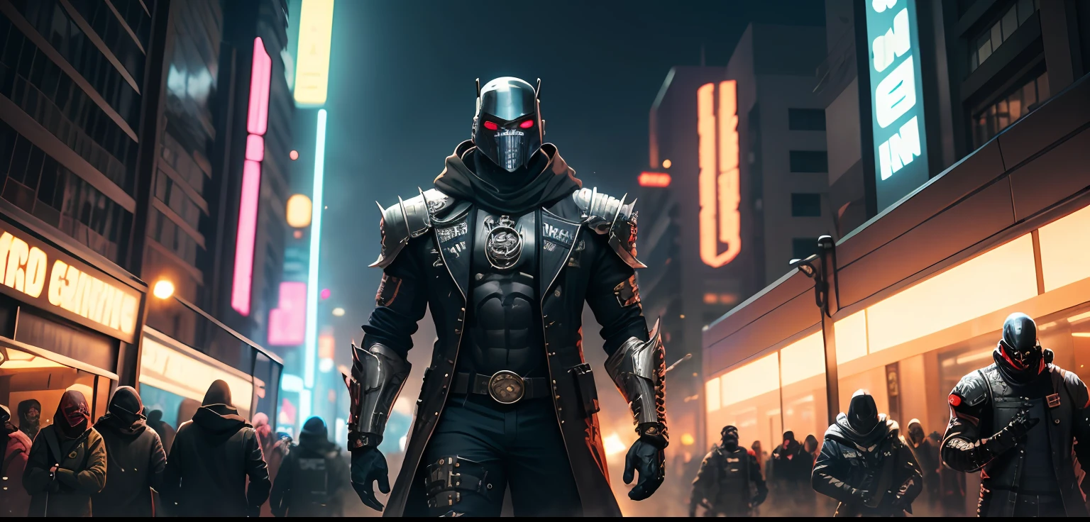 there is a man in a costume that is standing in front of a crowd, in cyber punk 2077, mf doom, mf doom with reptile eyes, cyber songman, cyborg dr doom in ornate armour, movie still of a cool cyborg, cyborg - pitbull, movie still of a villain cyborg, hiphop gangsta robot, gangsta robot, year 2099 --auto