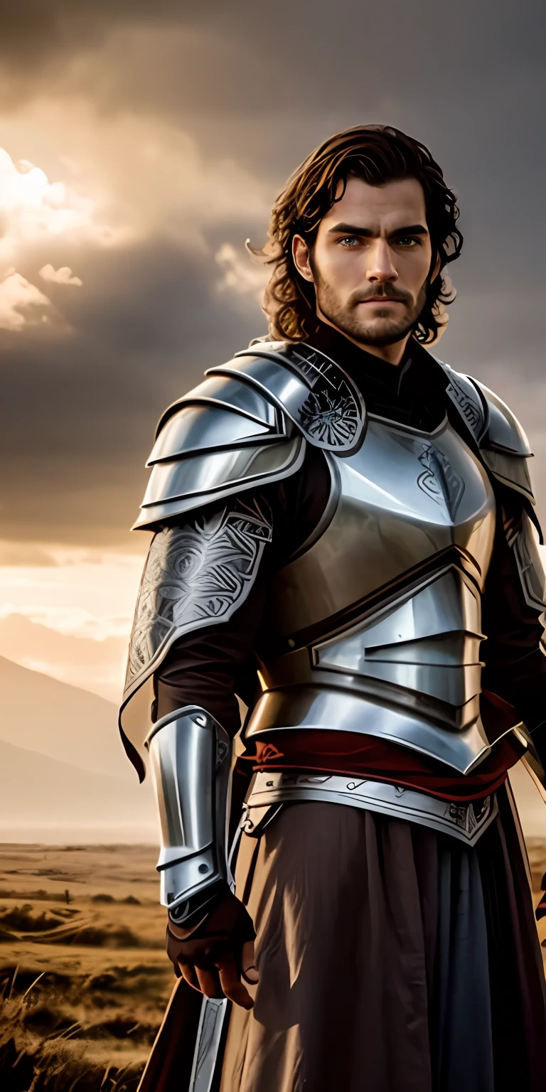The bearded Henry Cavill in armor stood in the cloudy sky, attractive male with armor, wearing intricate steel armor