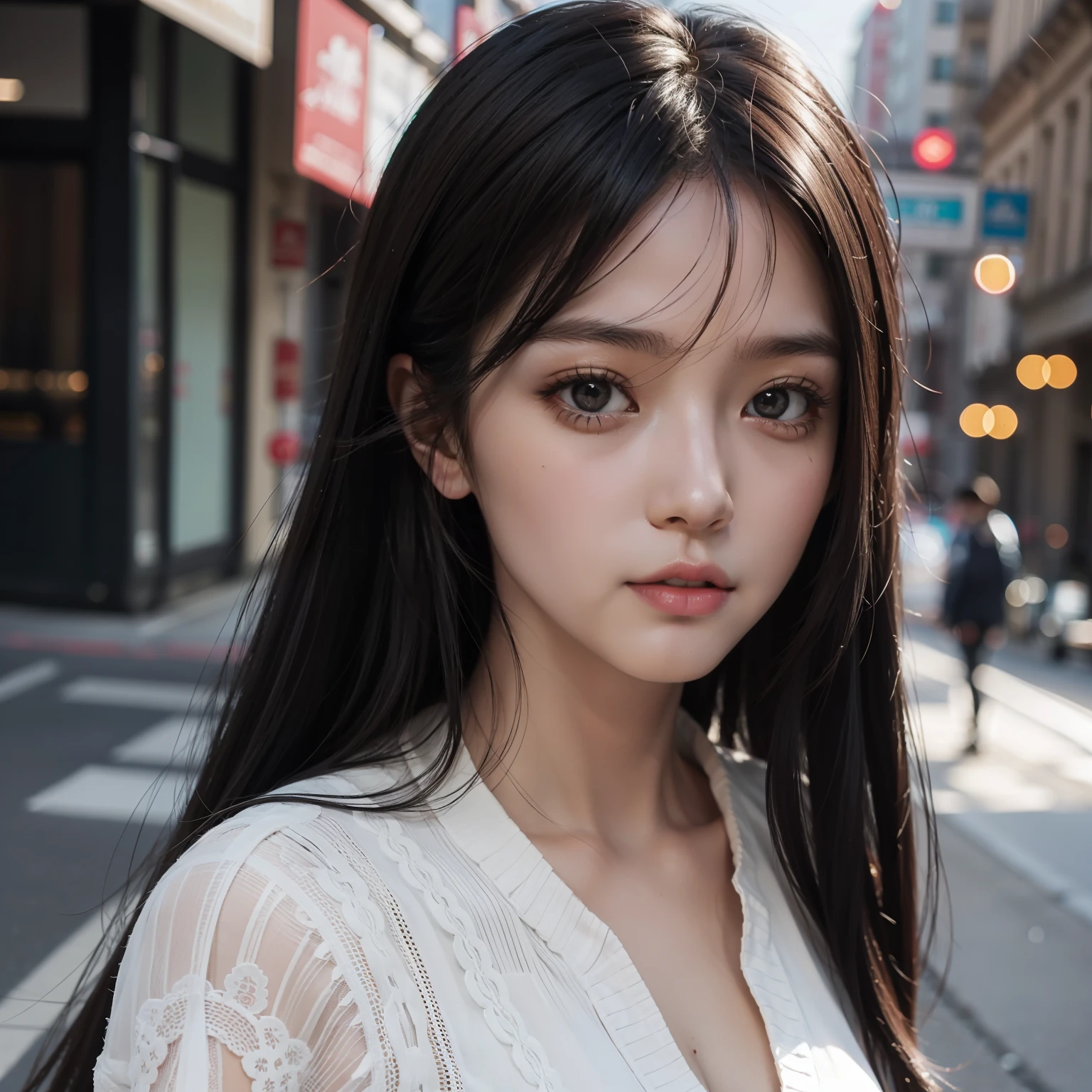 (top-quality:0.8)、(top-quality:0.8)、perfect anime illustration、Extreme close-up portrait of beautiful woman walking in city、Dark hair