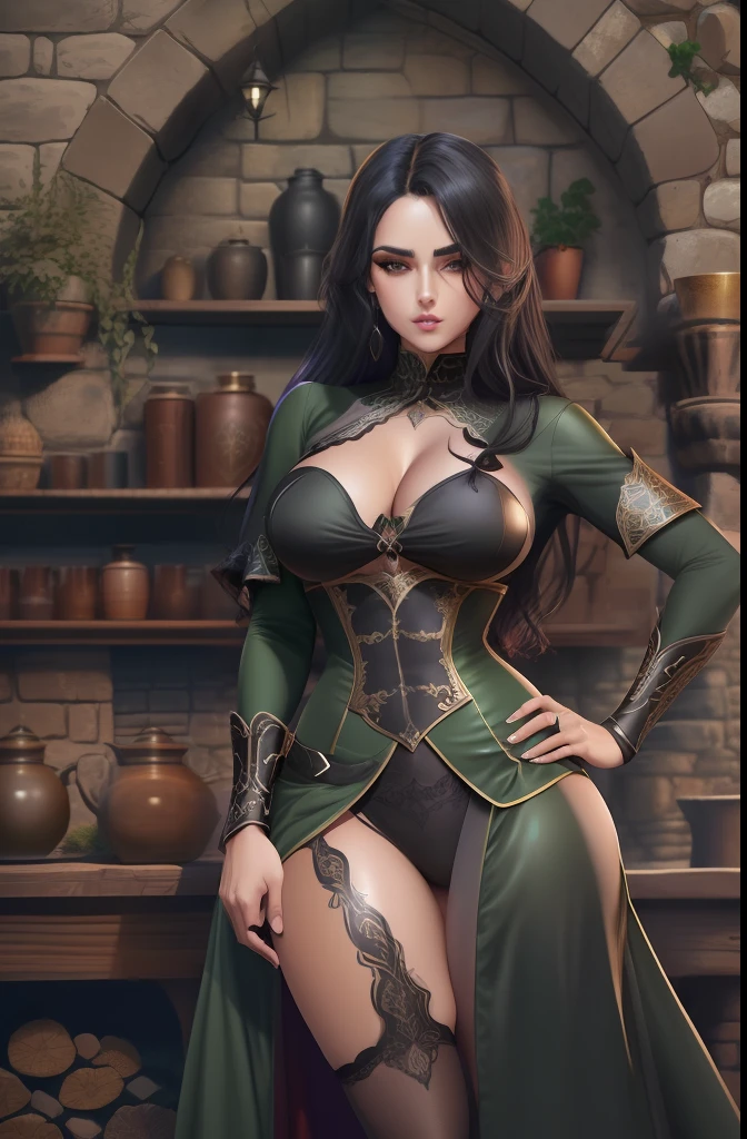 Mulher de cabelo curto e preto, olhos verdes, mid chest, sexy, curvas apontadas, Corpo sensual, roupa da pano, medieval setting, imagem HD, Imagem limpa, Imagem 4k, alta resolução, obra prima, manga art
