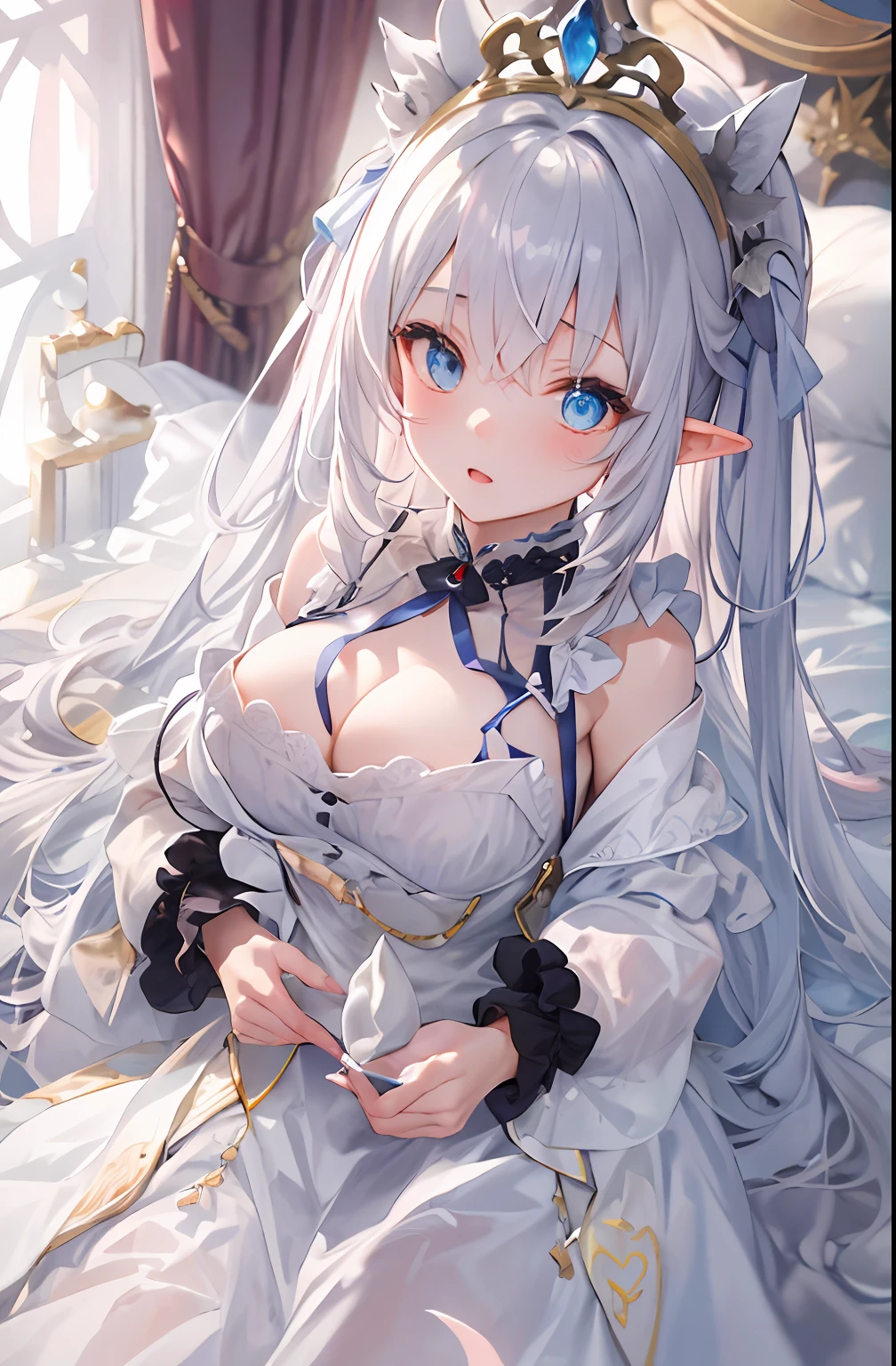 tmasterpiece,Top image quality,extreme hight detail,1girll,Solo,Detailed face,Lazy wind,White hair,Dull hair,Beast-eared maiden,wide blue eyes,white dresses,is shy,The face is reddish,Exquisite clothing,Delicate tiara,llight rays,onbed,white stockings,Lori huge breasts cleavage,adolable,shy,sweet,Beautiful,goodlooking