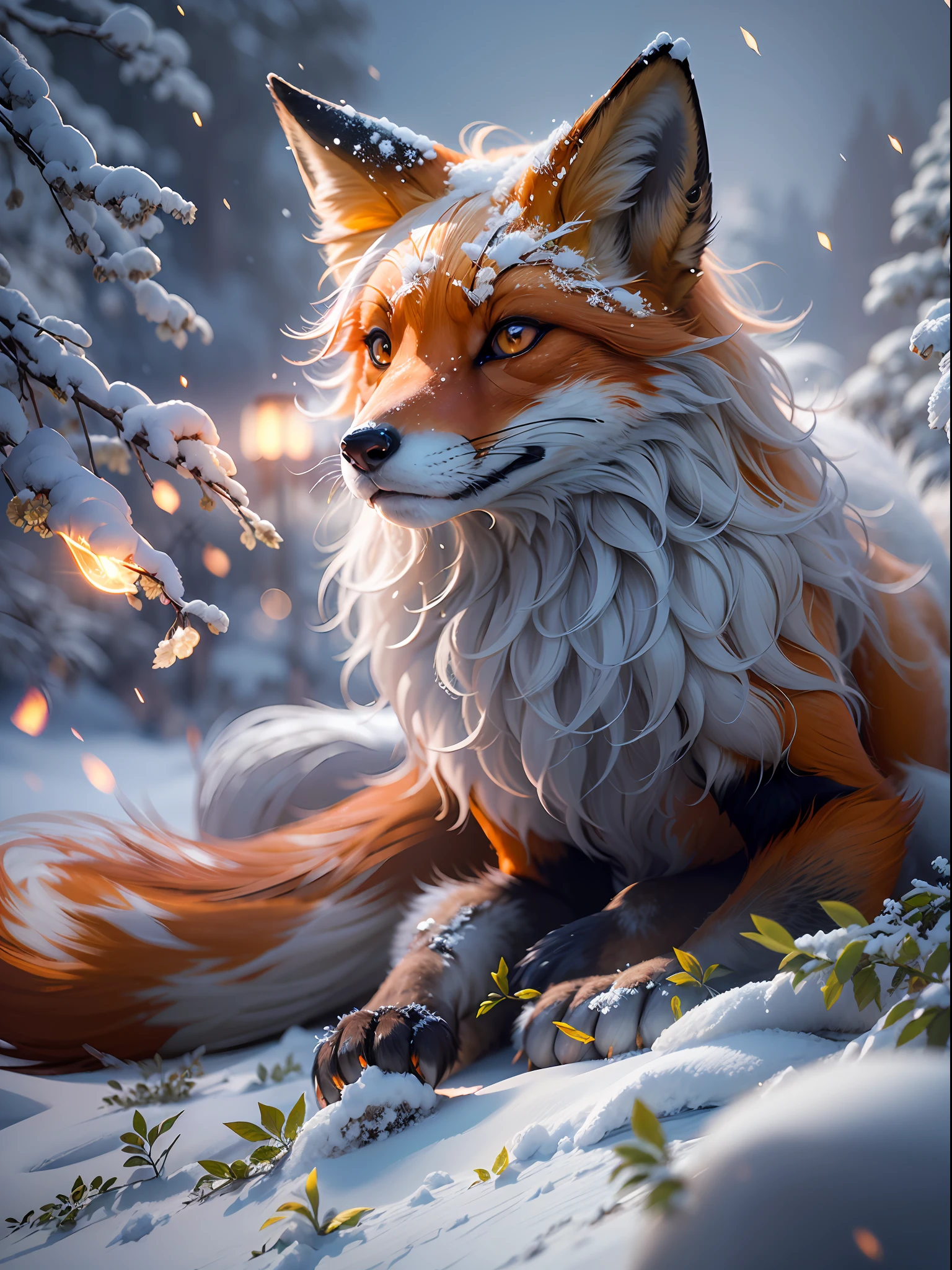 (masterpiece, photorealistic:1.3), (CGI image of a nine-tailed fox:1.3), (majestic creature with nine flowing tails:1.4), (the fox's fur rendered in exquisite detail:1.2), (each tail adorned with lush and fluffy fur:1.1), (the fur displaying a range of colors from fiery red to snowy white:1.2), (the fox's eyes shining with intelligence and mystery:1.1), (a gleam of amber, hinting at its supernatural nature:1.1), (the fox standing gracefully in a vast snow-covered open field:1.1), (Blender CGI software, capable of producing stunning photorealistic scenes:1.2), (the snowy landscape with delicate snowflakes falling:1.1), (the fox's paws leaving imprints in the fresh snow:1.1), (surrounded by the serene beauty of winter:1.1), (a sense of enchantment and wonder in the air:1.1), (the fox's captivating gaze drawing viewers into its world:1.1), (a work of art that brings mythology to life:1.1), (the nine-tailed fox, a symbol of magic and transformation:1.1), (the image capturing the fox's grace and power:1.1), (a seamless blend of CGI and reality, blurring the lines between fantasy and the natural world:1.1), (the high-resolution rendering bringing every detail to life:1.1), (a striking visual representation of a mythical creature:1.1), (the snowy field stretching endlessly, evoking a sense of freedom and adventure:1.1), (an image that sparks the imagination and leaves a lasting impression:1.1), Cinematic, Hyper-detailed, insane details, Beautifully color graded, Unreal Engine, DOF, Super-Resolution, Megapixel, Cinematic Lightning, Anti-Aliasing, FKAA, TXAA, RTX, SSAO, Post Processing, Post Production, Tone Mapping, CGI, VFX, SFX, Insanely detailed and intricate, Hyper maximalist, Hyper realistic, Volumetric, Photorealistic, ultra photoreal, ultra-detailed, intricate details, 8K, Super detailed, Full color, Volumetric lightning, HDR, Realistic, Unreal Engine, 16K, Sharp focus, Octane render