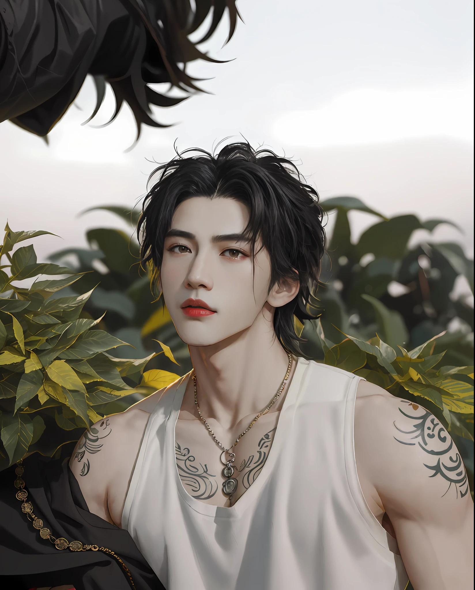 There was a man with a tattoo on his arm，Wear a white vest, ruan jian, Cai Xukun, handsome chad chin, ryan jia, stanley artgem lau, steve zheng, bian luan, mid shot portrait, inspired by Huang Gongwang, longque chen, in style of ren hang, damien tran, Asian male, Album art