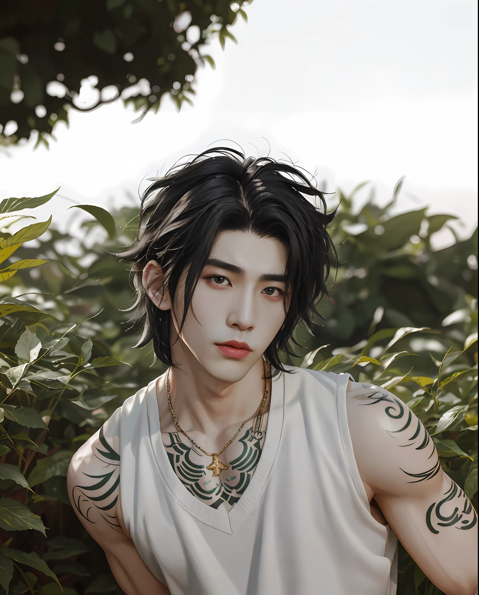 There was a man with a tattoo on his arm，Wear a white vest, ruan jian, Cai Xukun, handsome chad chin, ryan jia, stanley artgem lau, steve zheng, bian luan, mid shot portrait, inspired by Huang Gongwang, longque chen, in style of ren hang, damien tran, Asian male, Album art