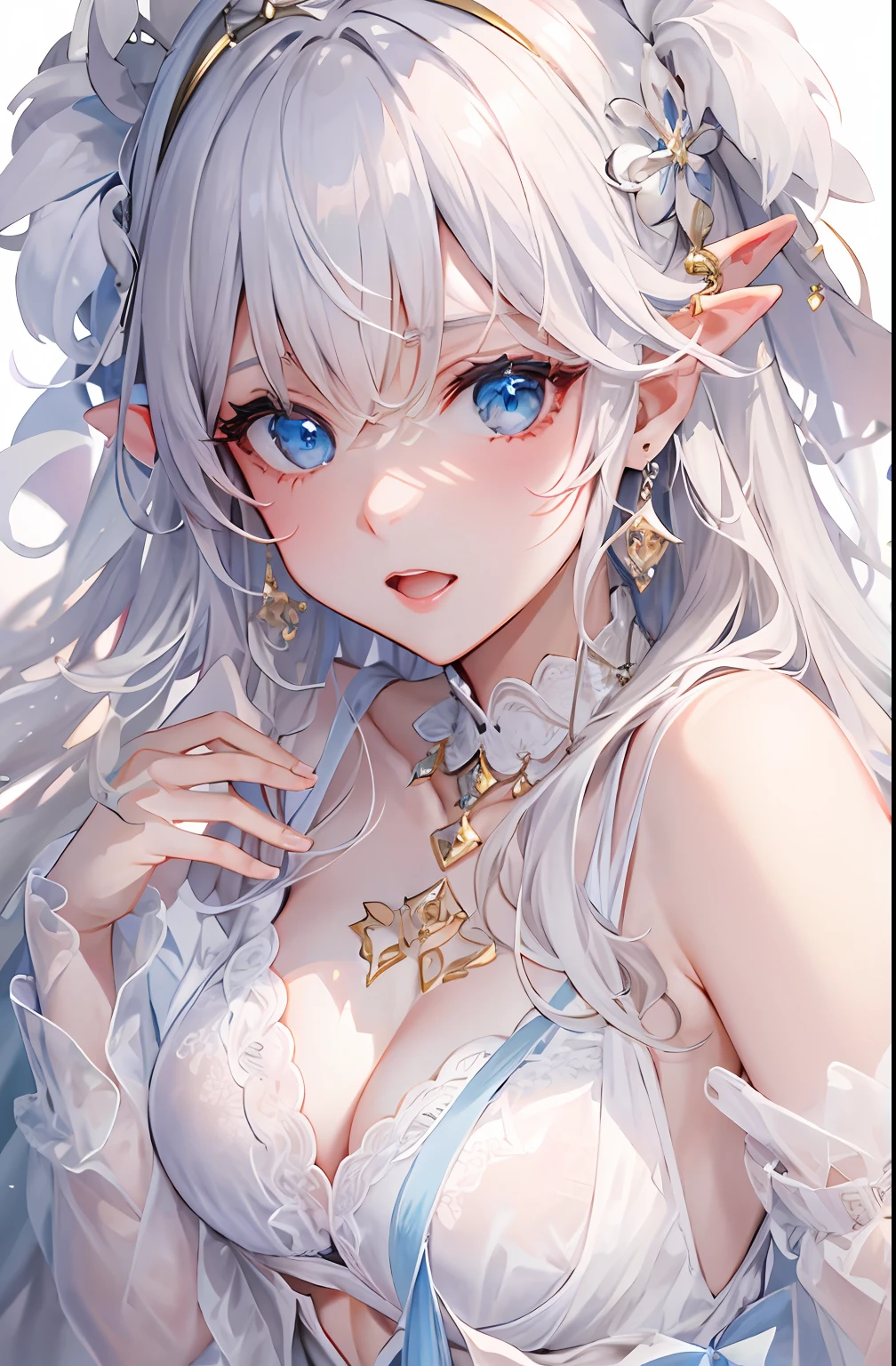 tmasterpiece，Top image quality，extreme hight detail，1girll，Solo，Detailed face，Lazy wind，White hair，Dull hair，Beast-eared maiden，wide blue eyes，white dresses，is shy，The face is reddish，Exquisite clothing，Delicate tiara，llight rays，onbed，white stockings，Lori huge breasts cleavage，adolable，shy，sweet，Beautiful，goodlooking